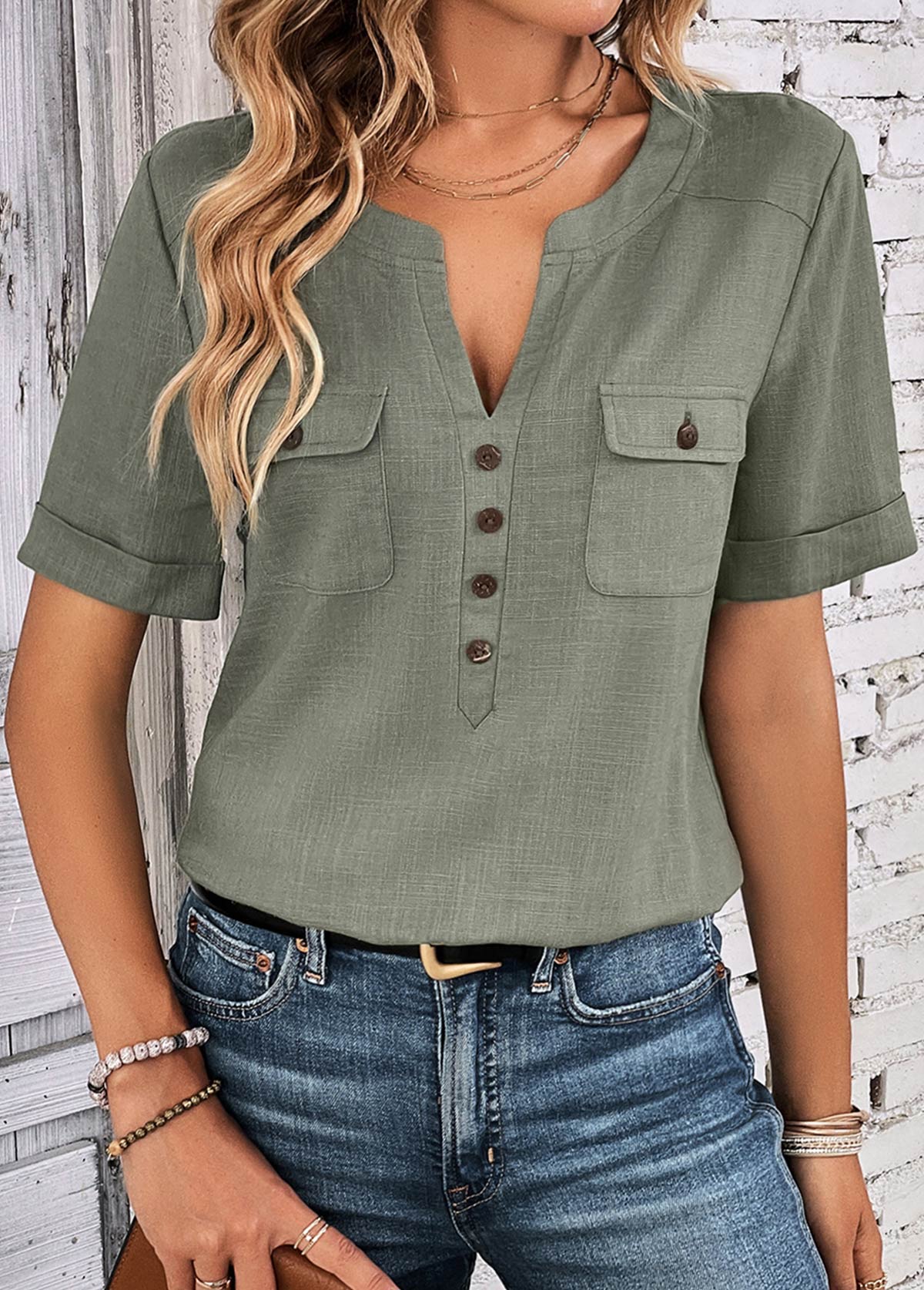 Sage Green Button Short Sleeve Split Neck Blouse | picture 