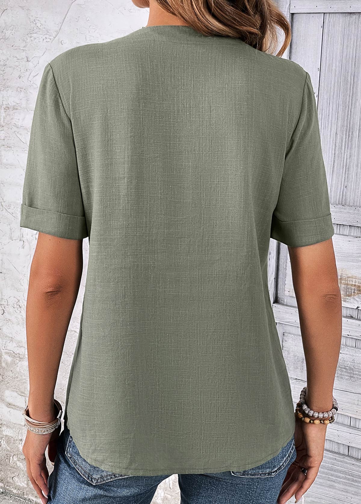 Sage Green Button Short Sleeve Split Neck Blouse | picture 