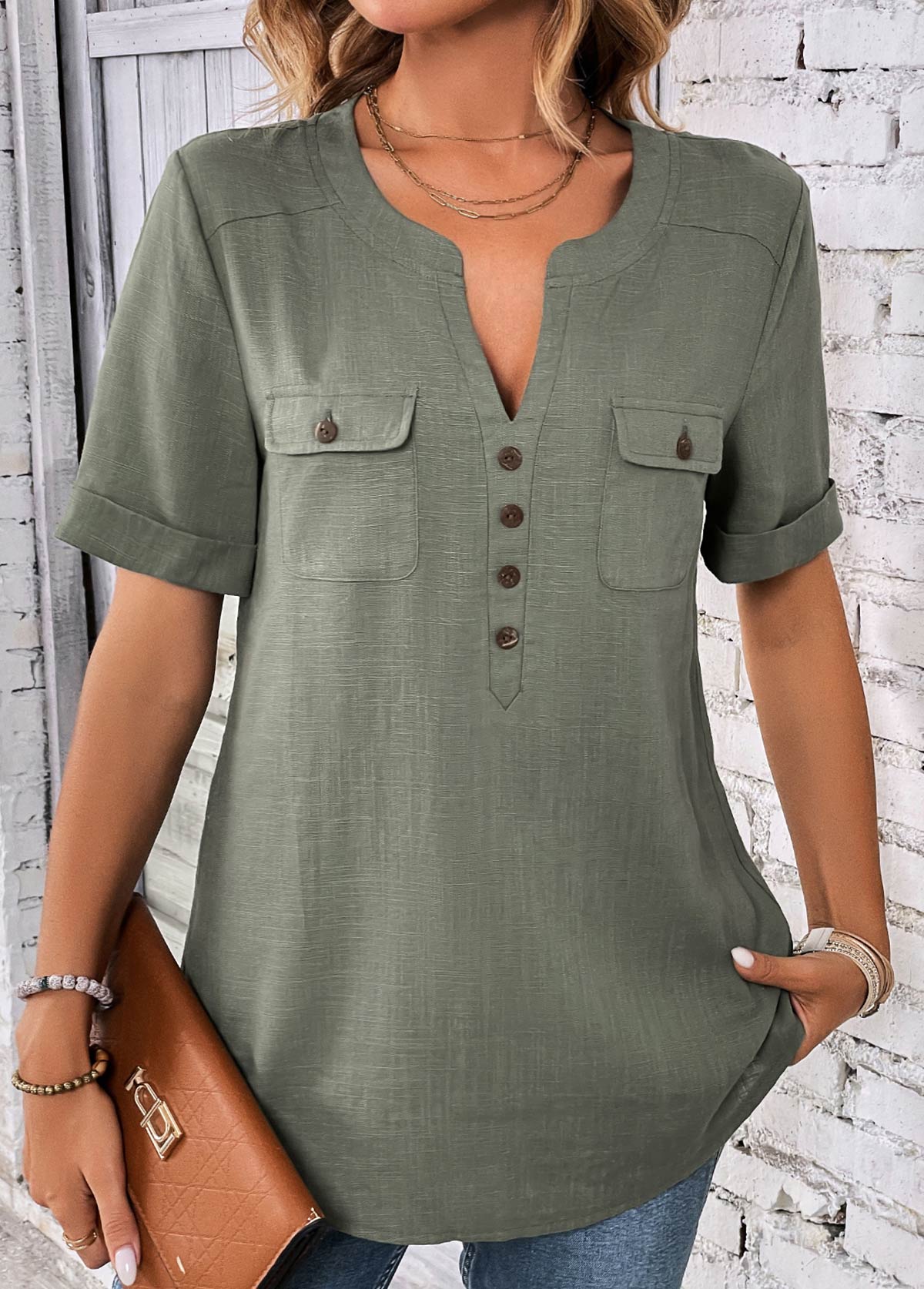 Sage Green Button Short Sleeve Split Neck Blouse | picture 