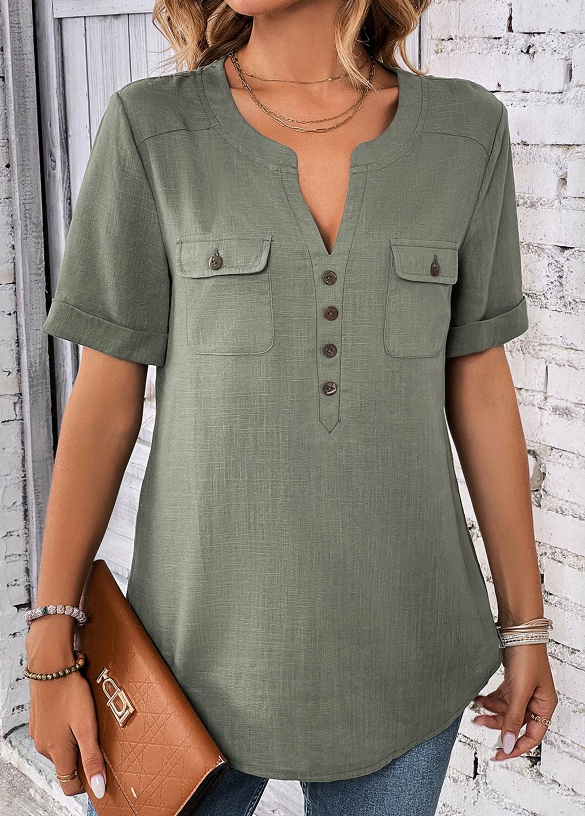 Sage Green Button Short Sleeve Split Neck Blouse | picture 