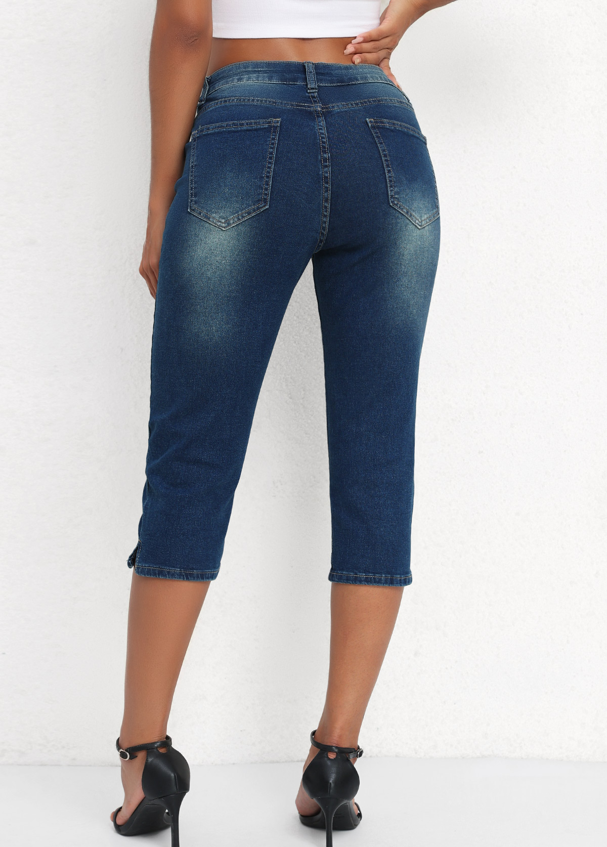 Denim Blue Mid Waisted Capri Button Fly Leggings | picture 