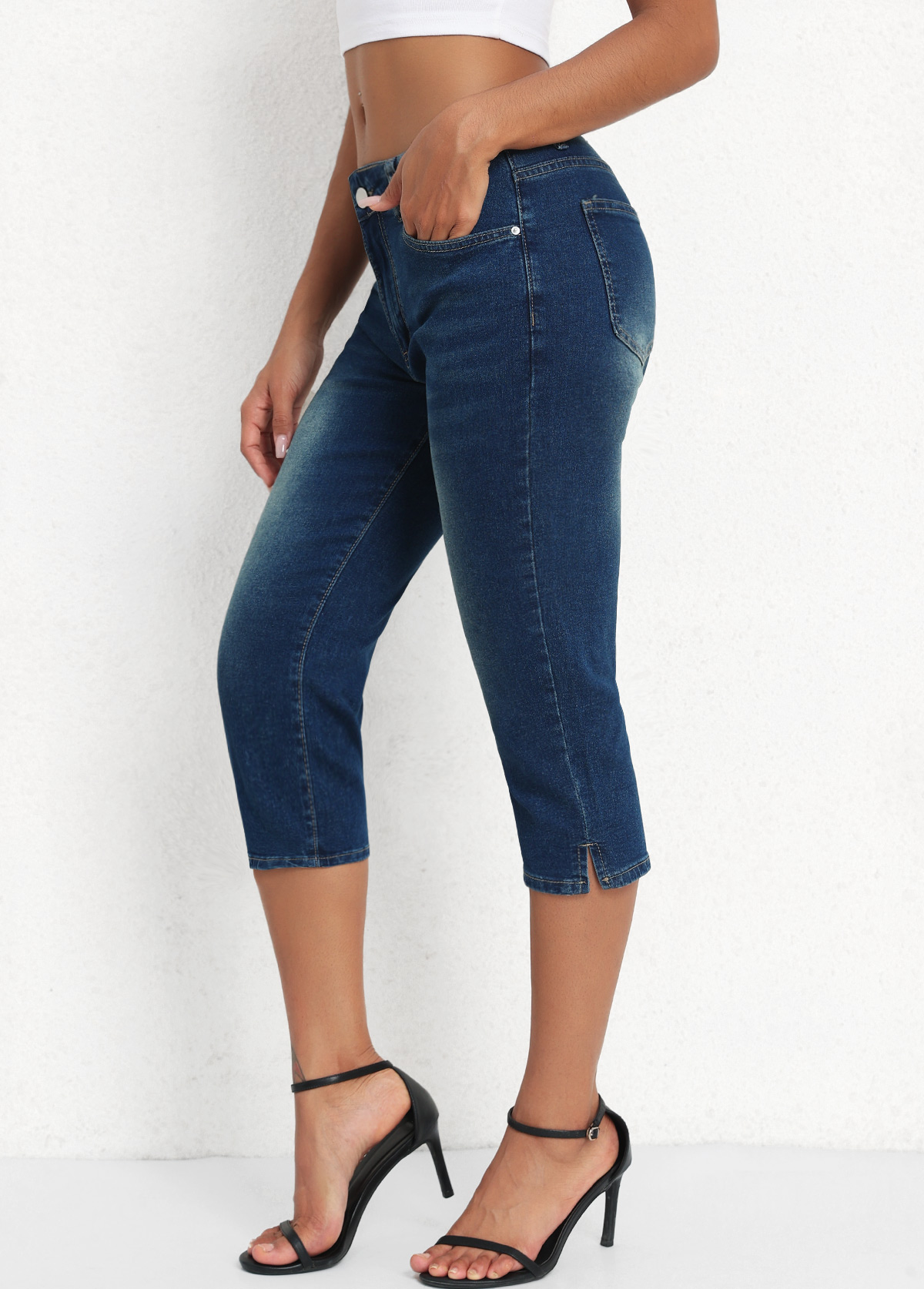 Denim Blue Mid Waisted Capri Button Fly Leggings | picture 