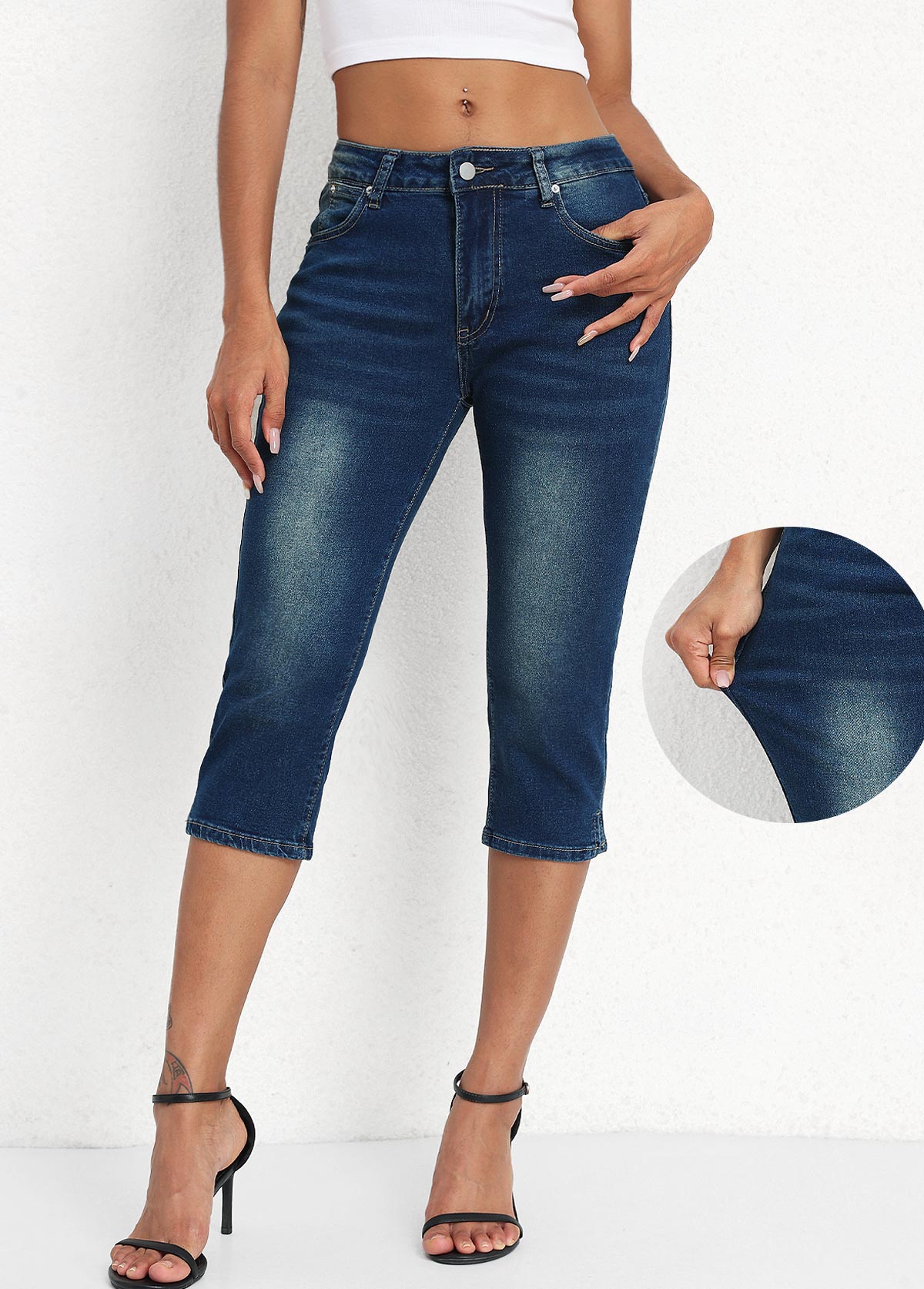 Denim Blue Mid Waisted Capri Button Fly Leggings | picture 