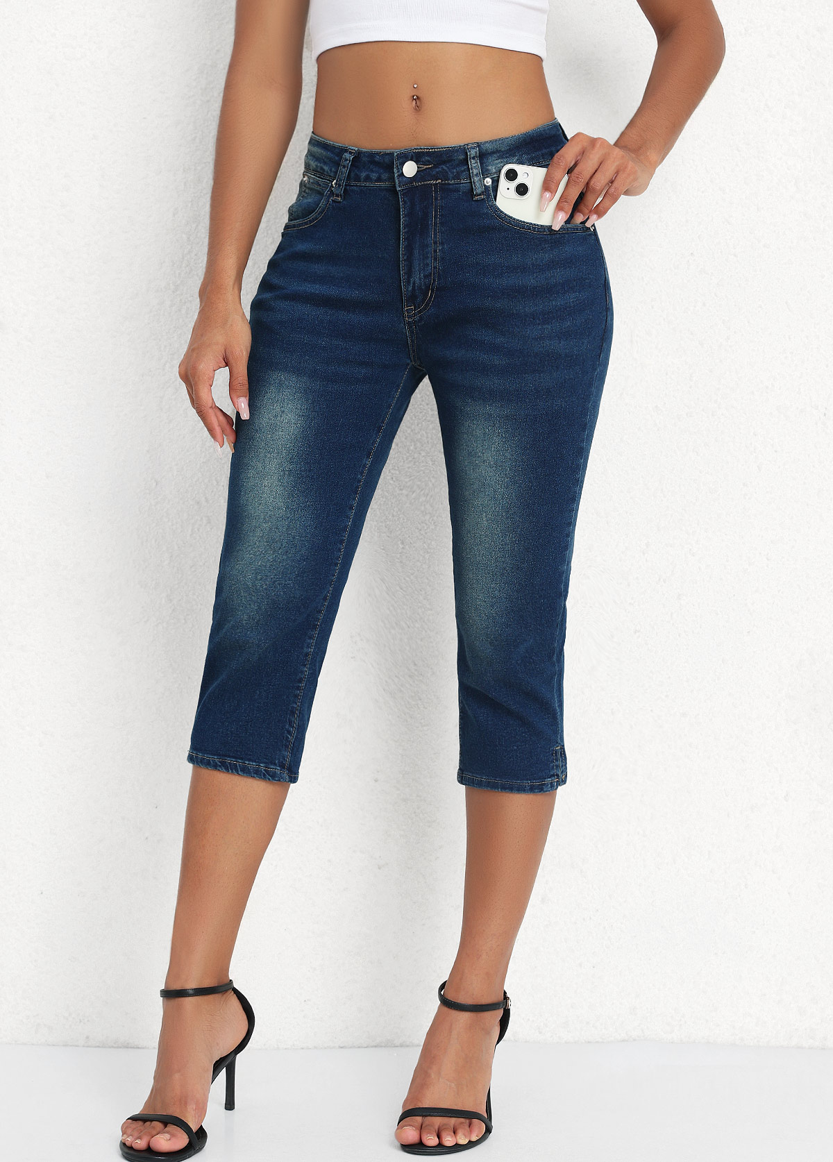 Denim Blue Mid Waisted Capri Button Fly Leggings | picture 