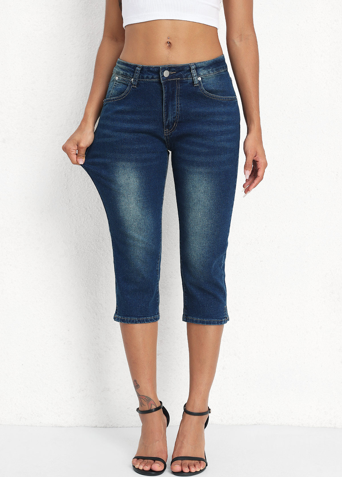 Denim Blue Mid Waisted Capri Button Fly Leggings | picture 