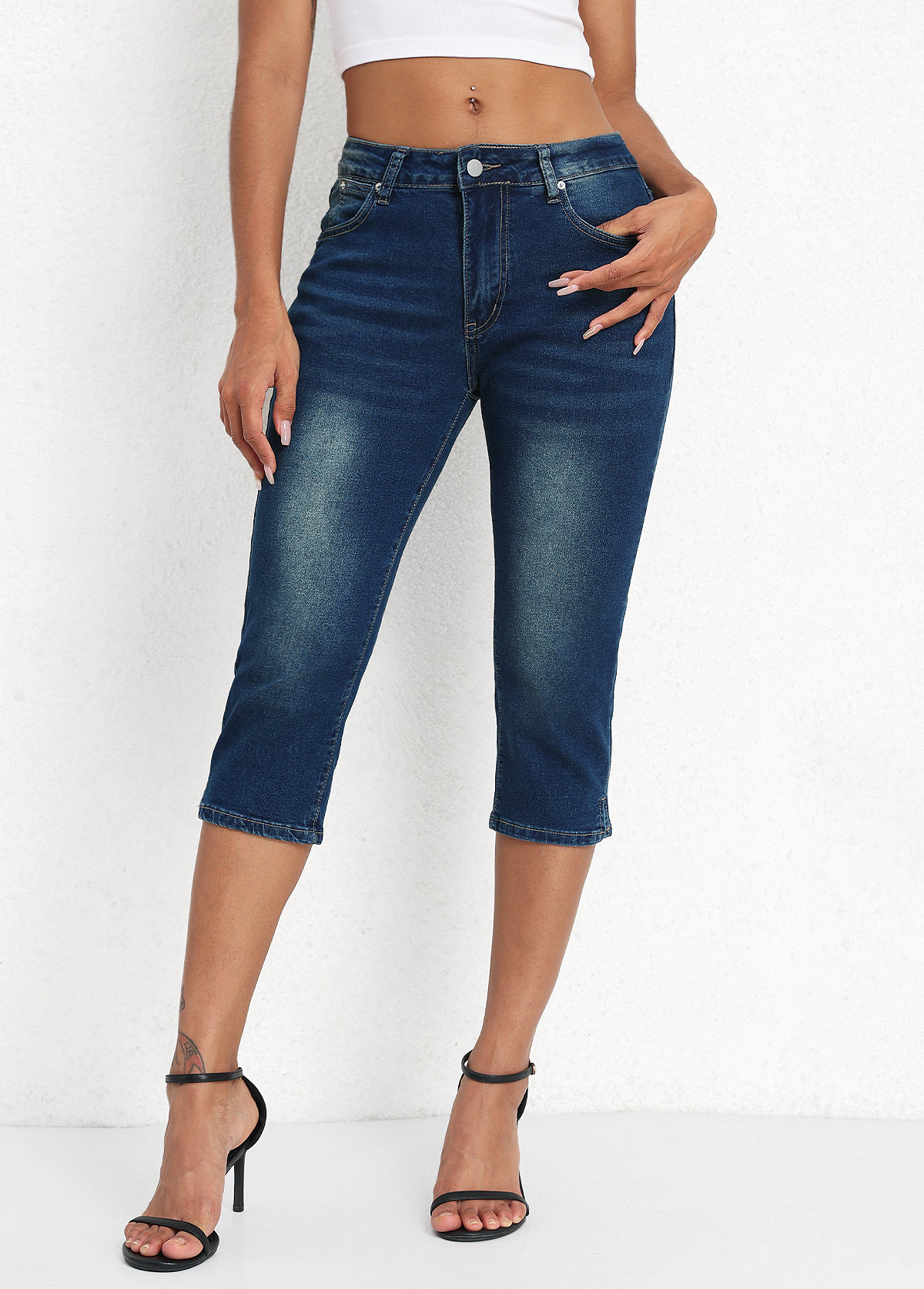 Denim Blue Mid Waisted Capri Button Fly Leggings | picture 