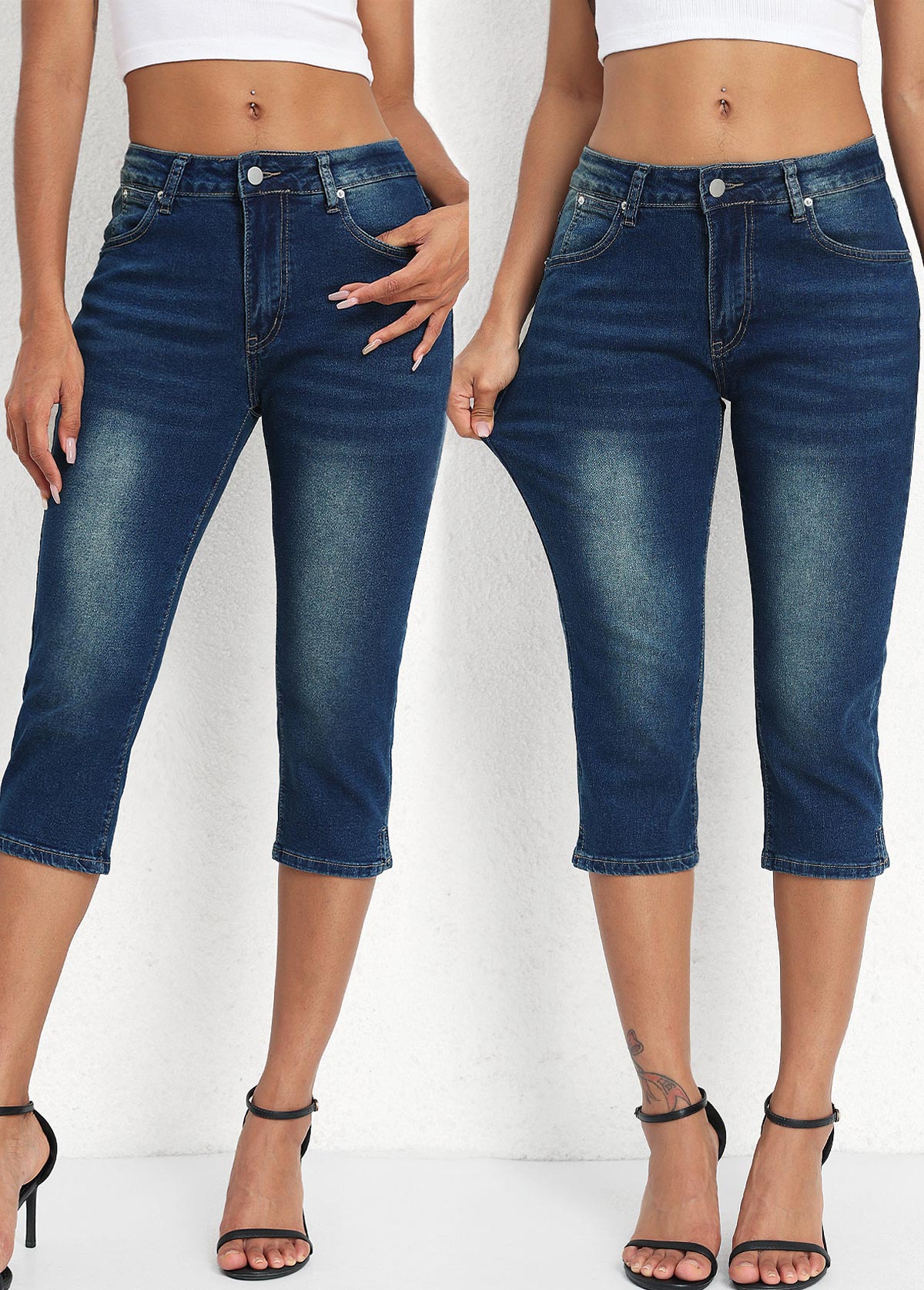 Denim Blue Mid Waisted Capri Button Fly Leggings | picture 