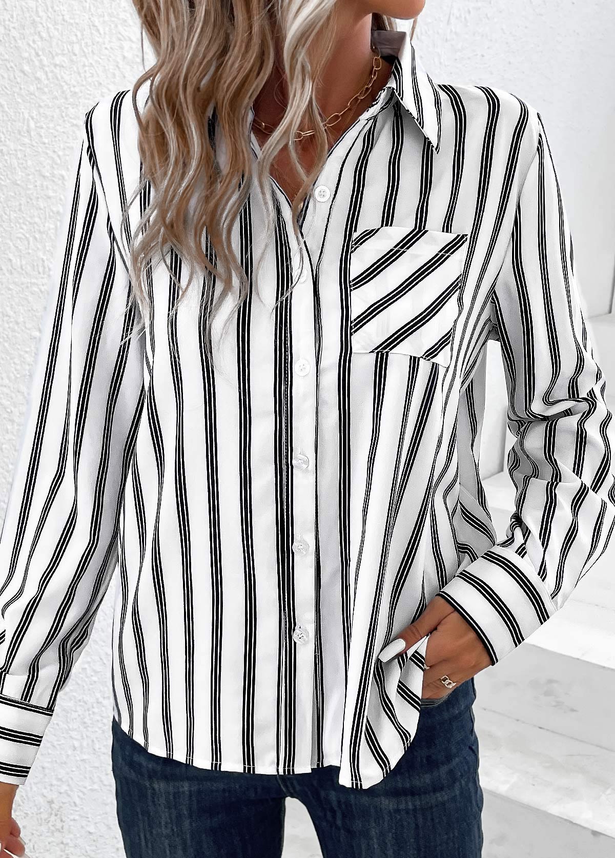 White Pocket Striped Long Sleeve Shirt Collar Blouse | picture 