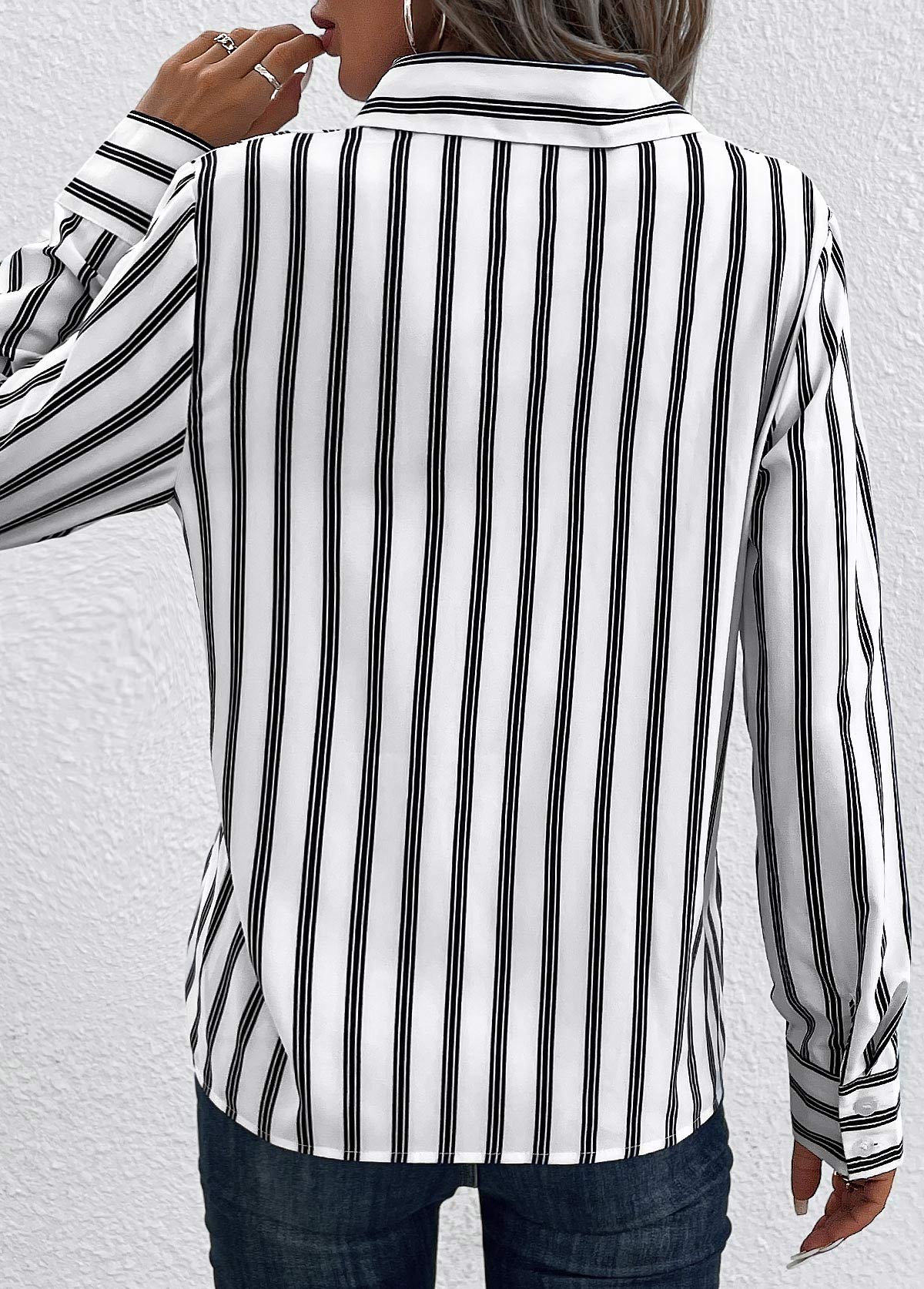 White Pocket Striped Long Sleeve Shirt Collar Blouse | picture 