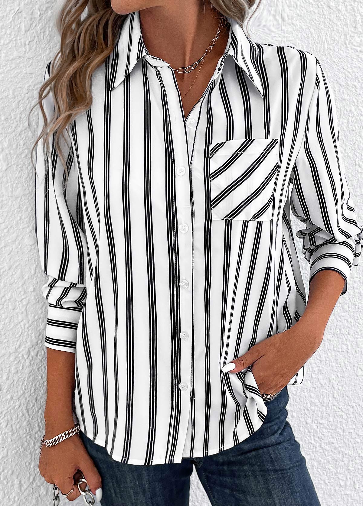 White Pocket Striped Long Sleeve Shirt Collar Blouse | picture 