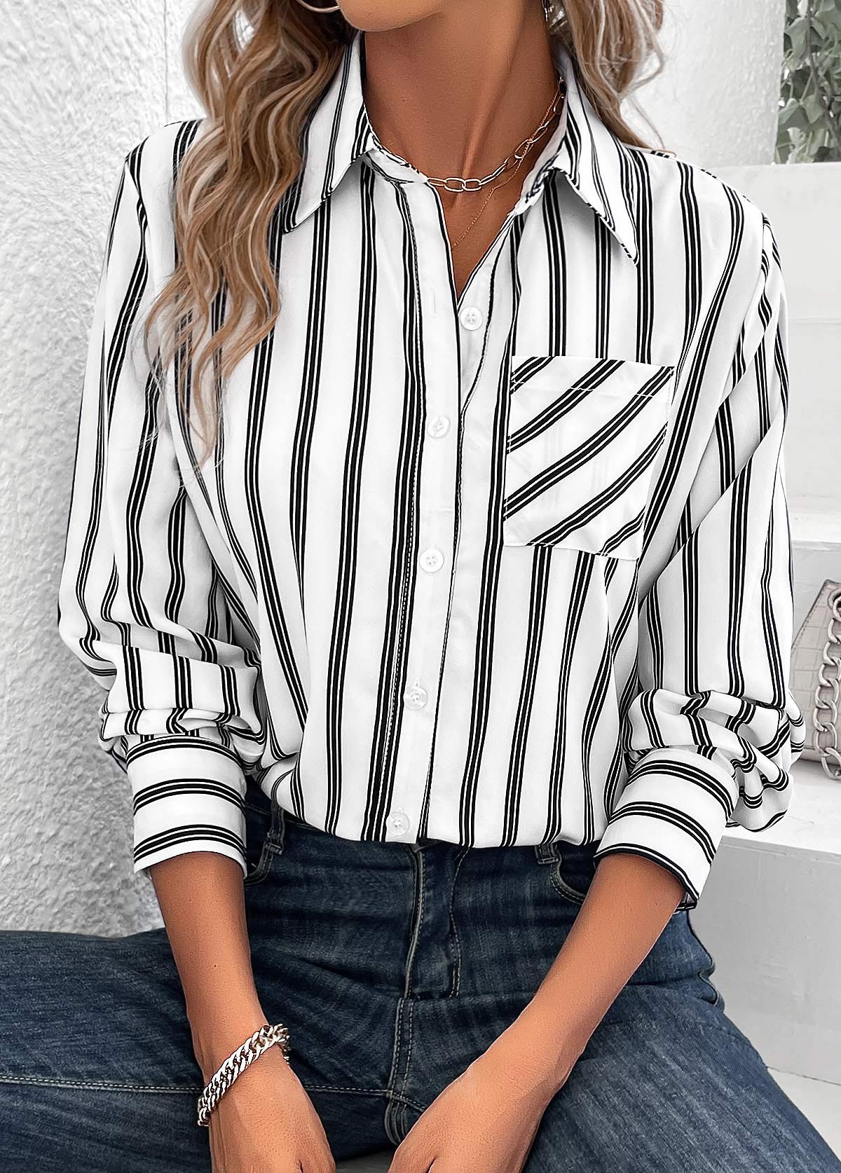 White Pocket Striped Long Sleeve Shirt Collar Blouse | picture 