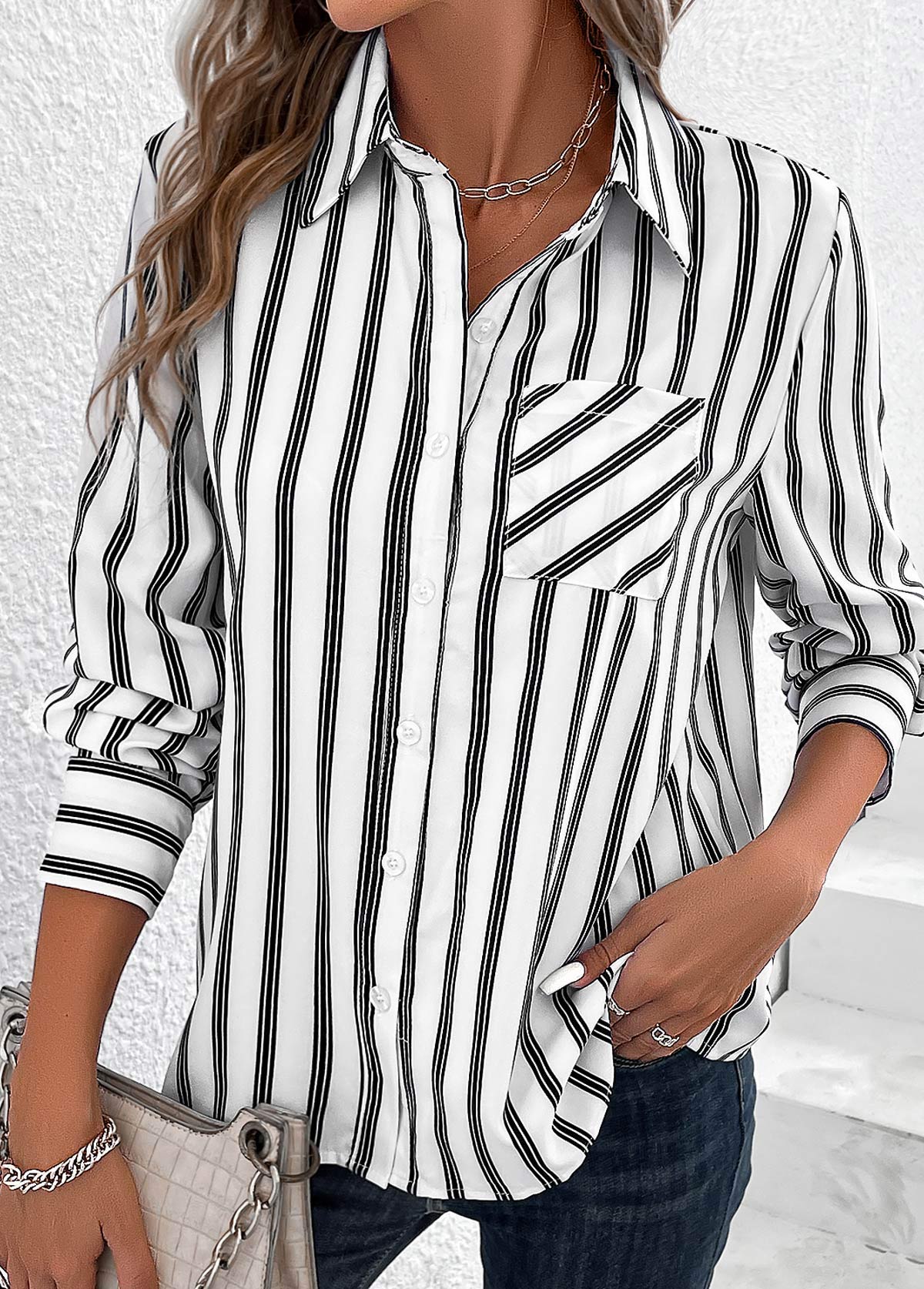 White Pocket Striped Long Sleeve Shirt Collar Blouse | picture 