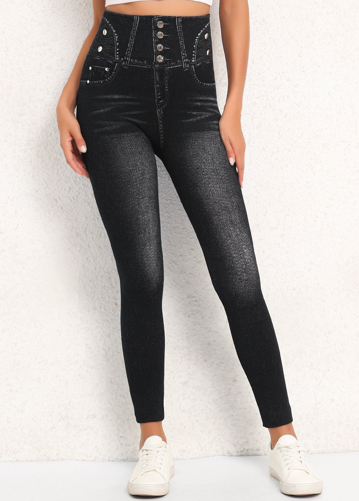 Black High Waisted Ankle Length Elastic Waist Leggings | picture 
