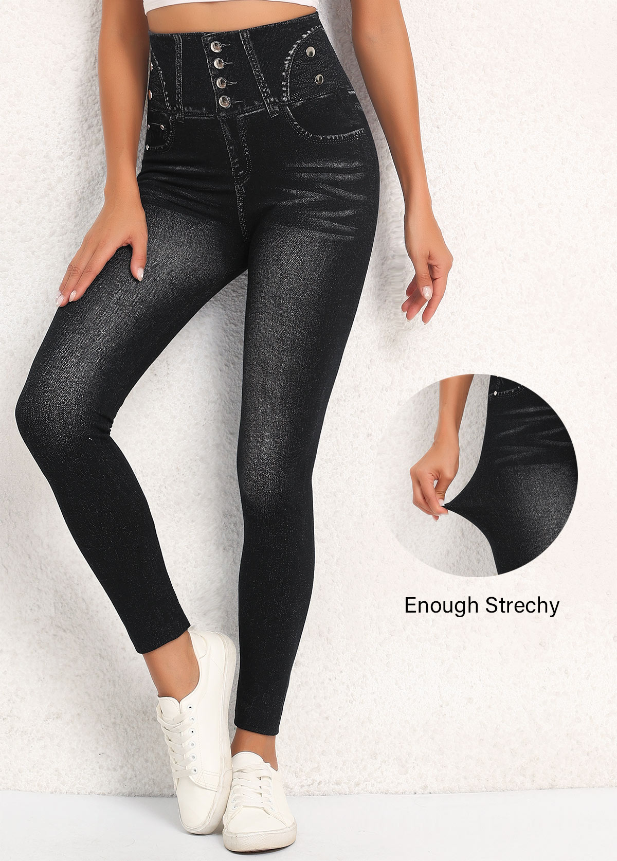 Black High Waisted Ankle Length Elastic Waist Leggings | picture 