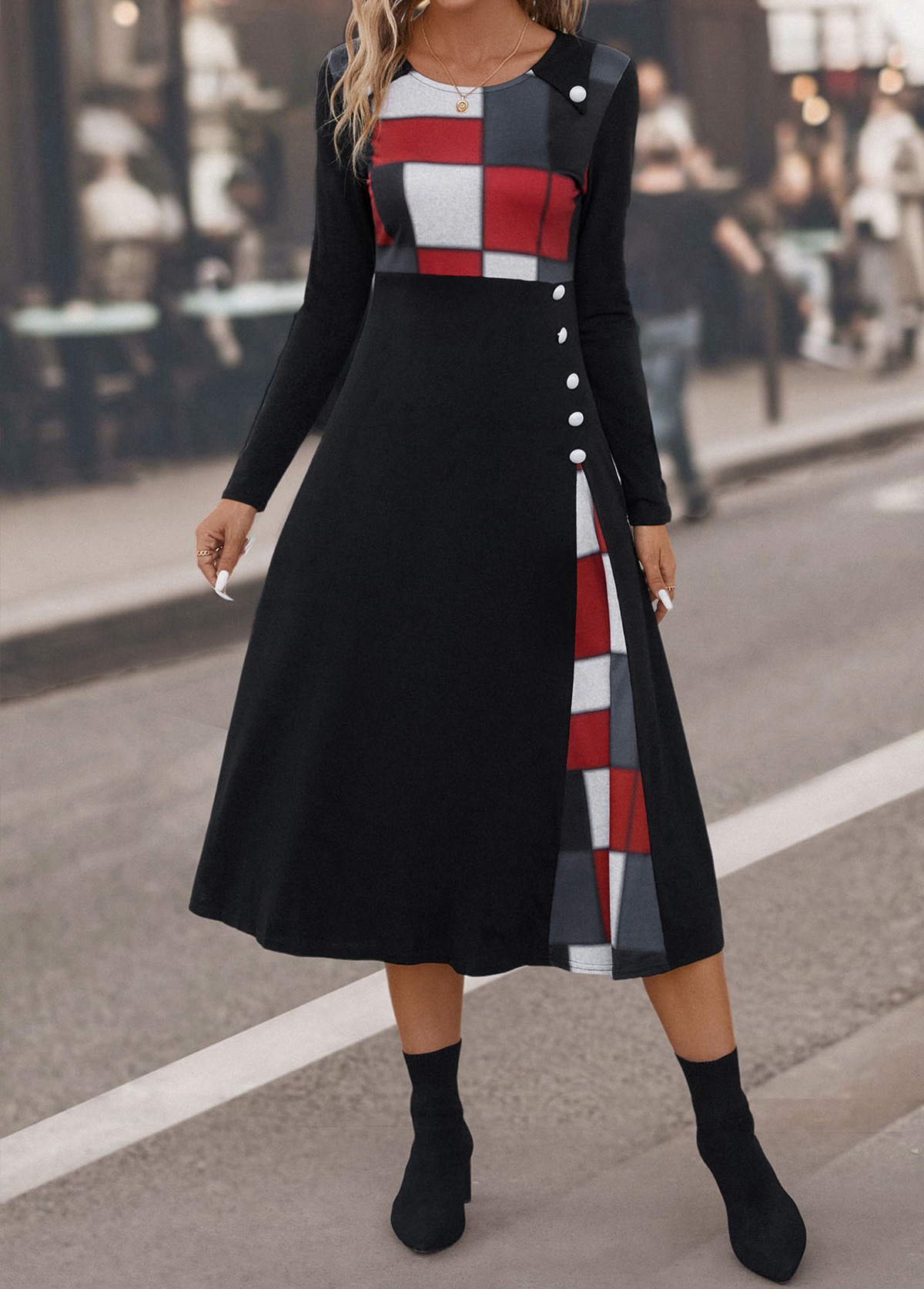 Black Button Plaid Three Quarter Length Sleeve Dress | picture 