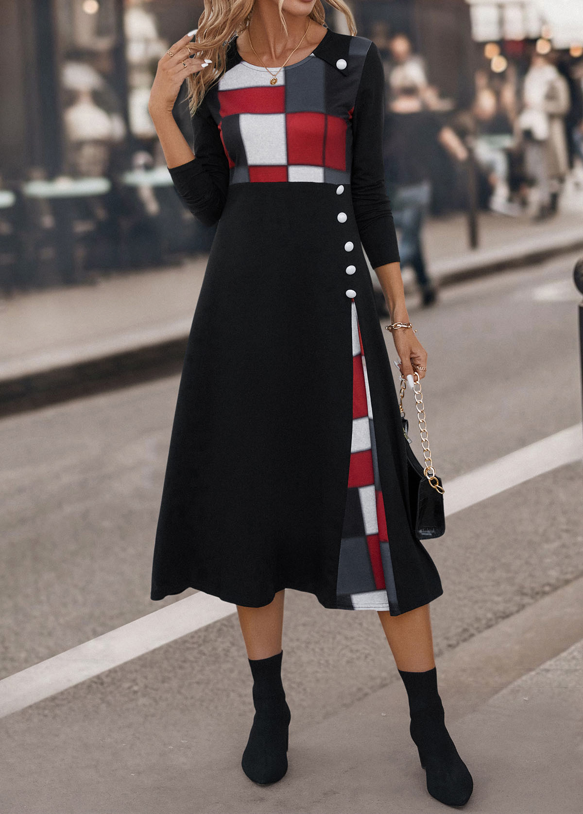 Black Button Plaid Three Quarter Length Sleeve Dress | picture 