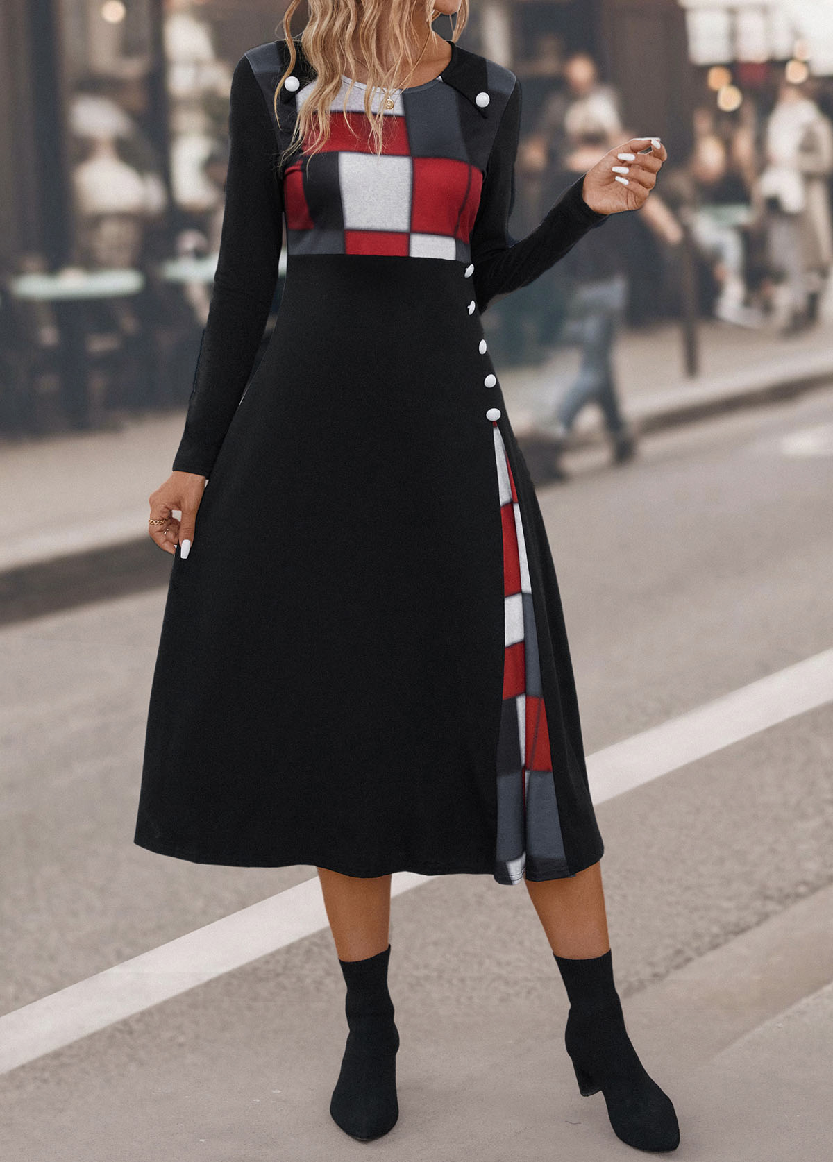 Black Button Plaid Three Quarter Length Sleeve Dress | picture 