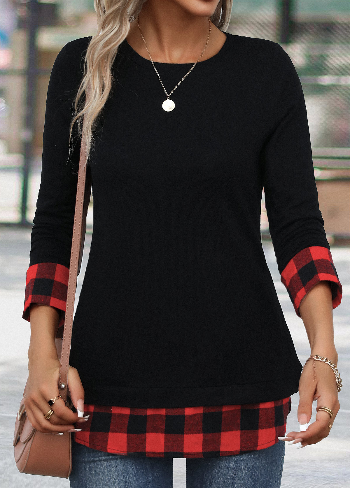 Red Patchwork Plaid Long Sleeve Round Neck T Shirt | picture 