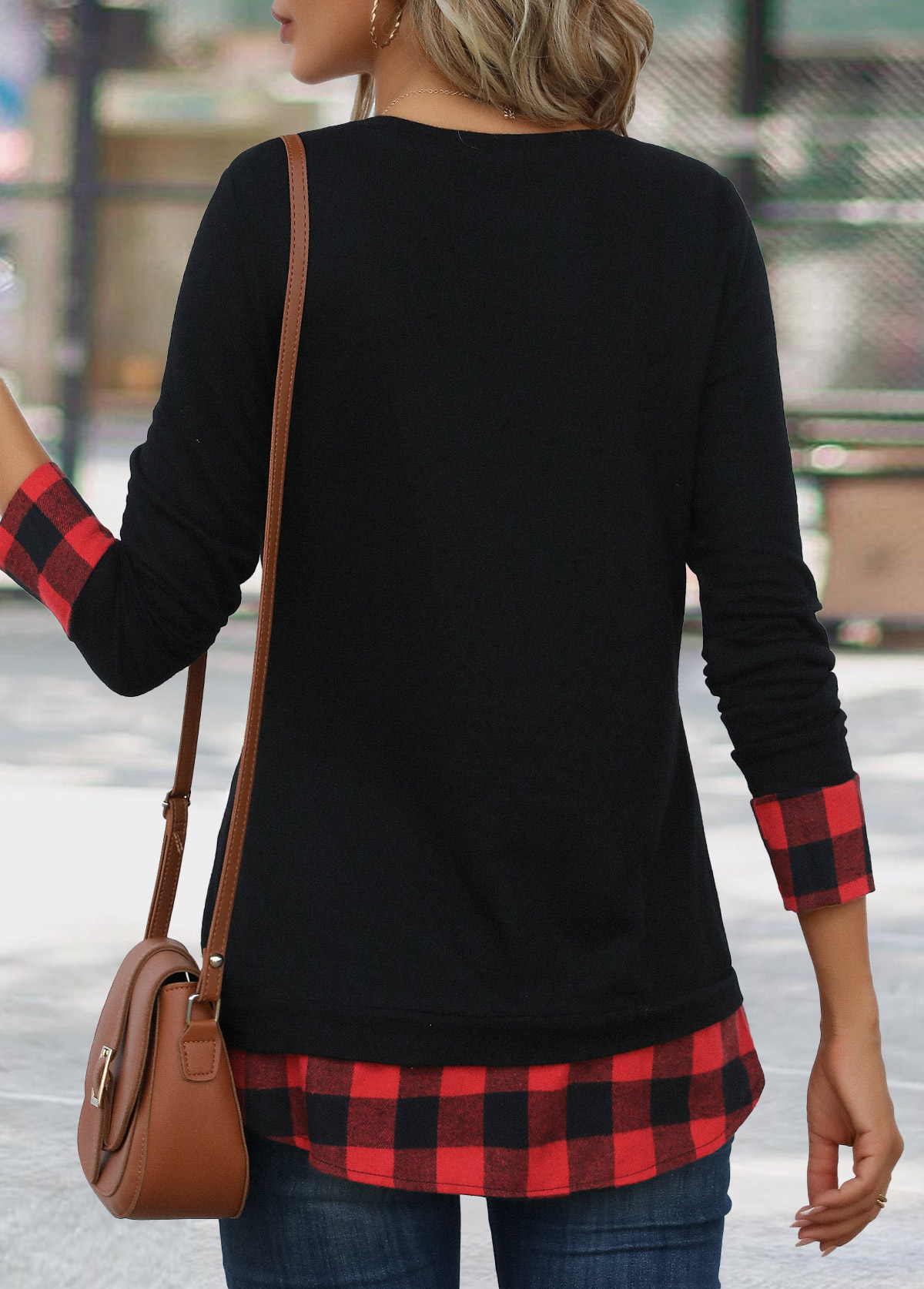 Red Patchwork Plaid Long Sleeve Round Neck T Shirt | picture 
