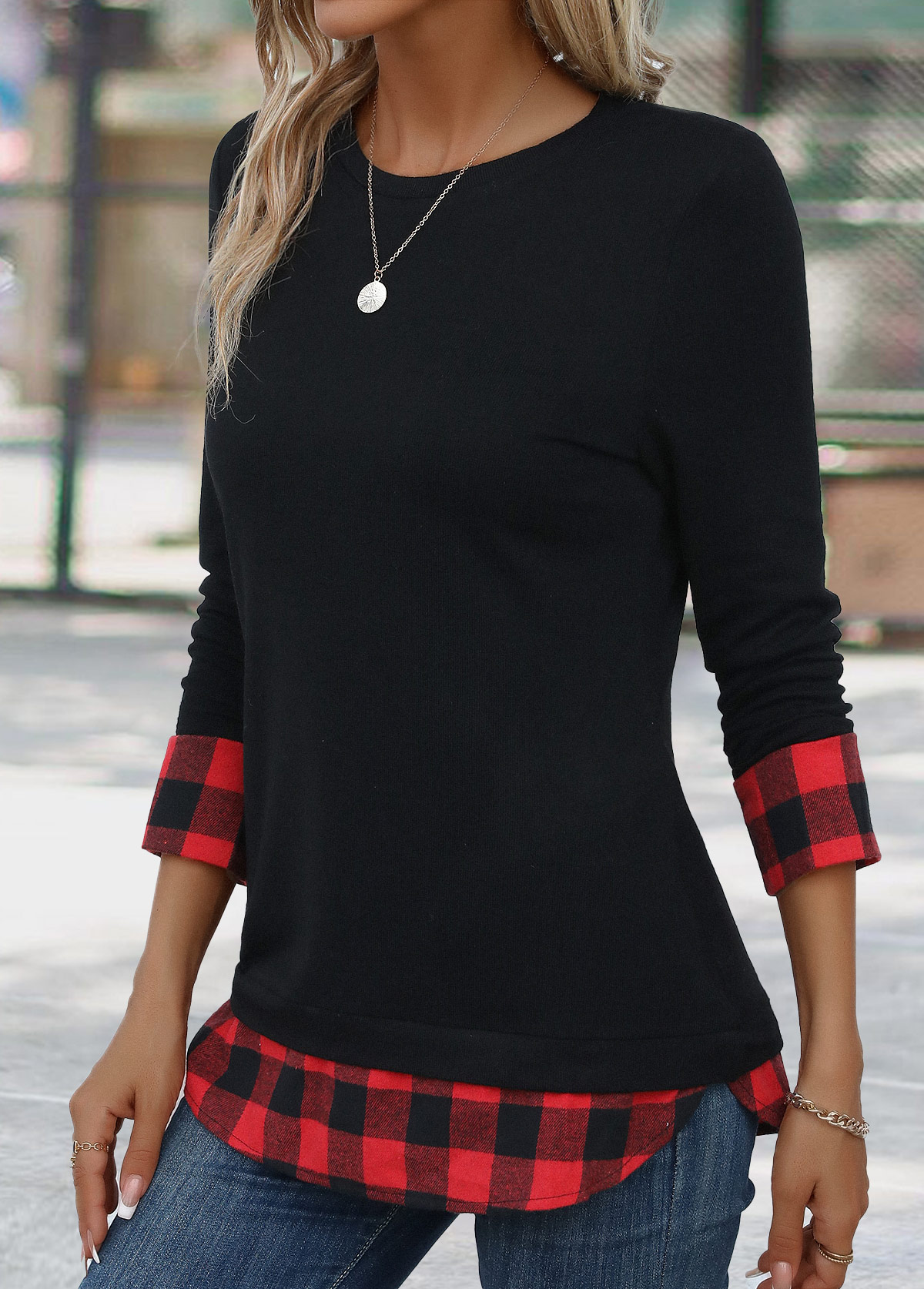 Red Patchwork Plaid Long Sleeve Round Neck T Shirt | picture 