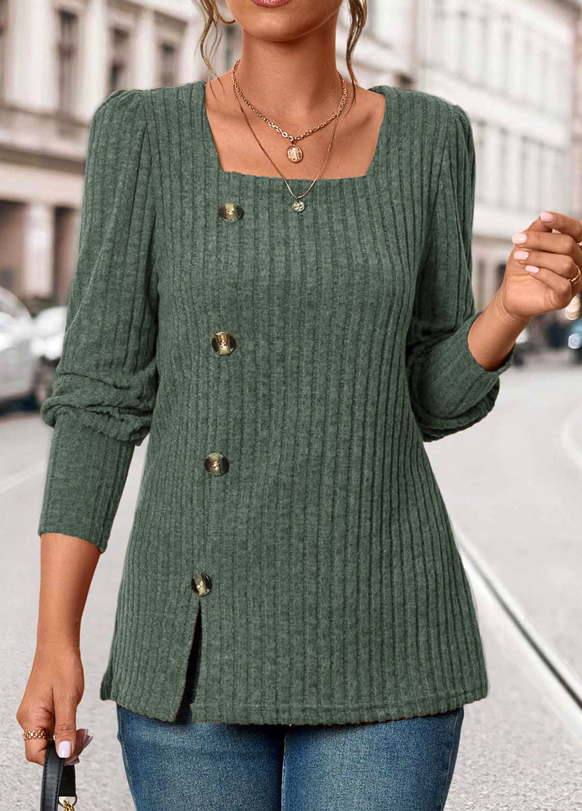 Olive Green Button Long Sleeve Square Neck T Shirt | picture 
