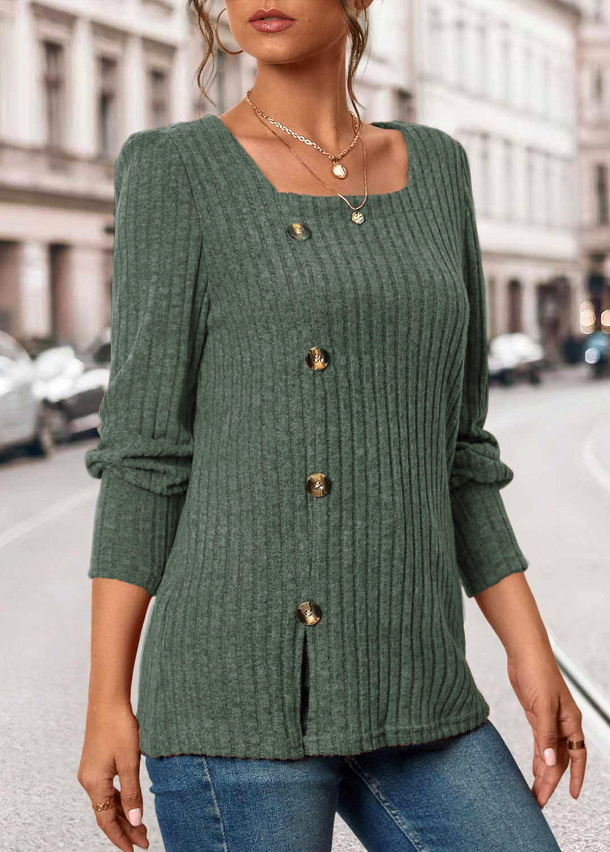 Olive Green Button Long Sleeve Square Neck T Shirt | picture 