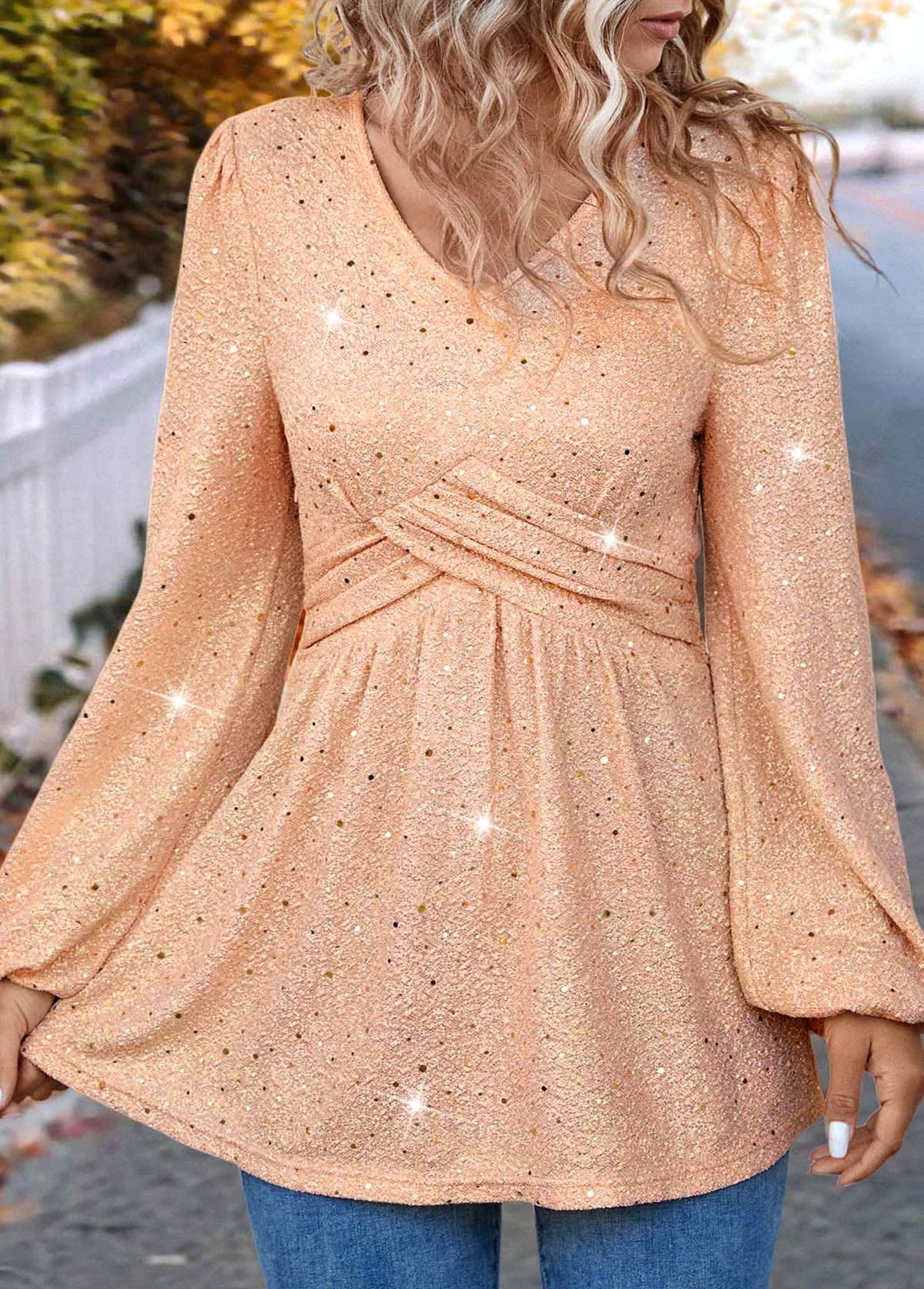 Light Pink Hot Stamping Long Sleeve V Neck Blouse | picture 