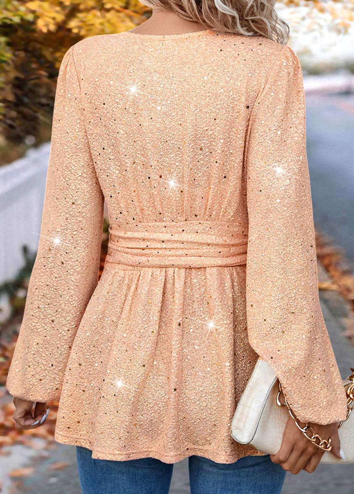 Light Pink Hot Stamping Long Sleeve V Neck Blouse | picture 