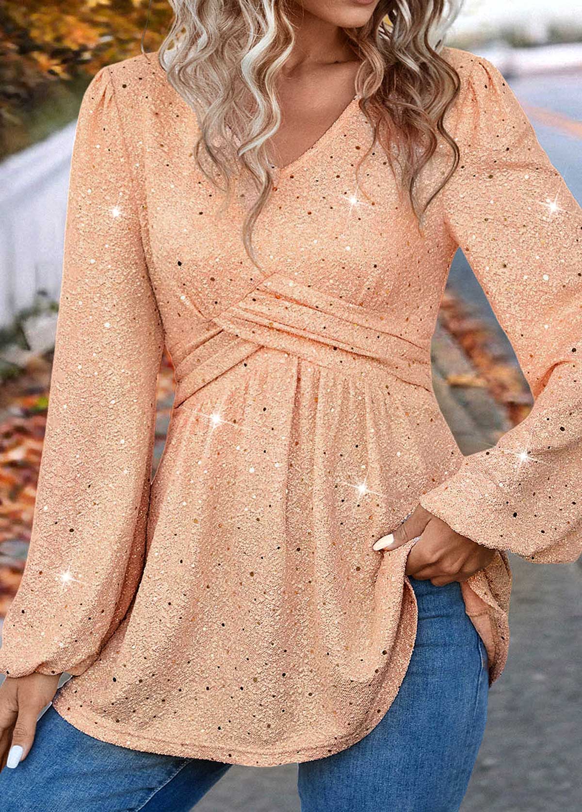 Light Pink Hot Stamping Long Sleeve V Neck Blouse | picture 