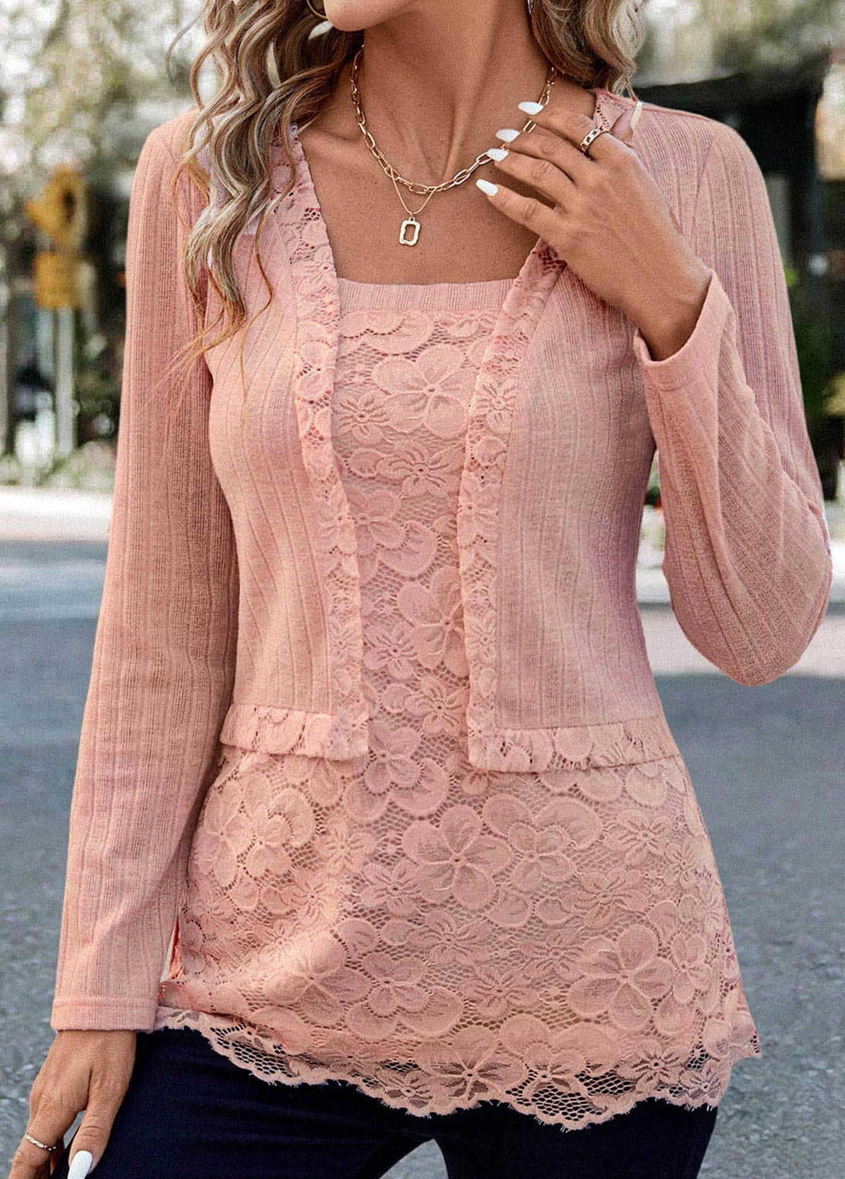 Dusty Pink Lace Long Sleeve Square Neck Blouse | picture 