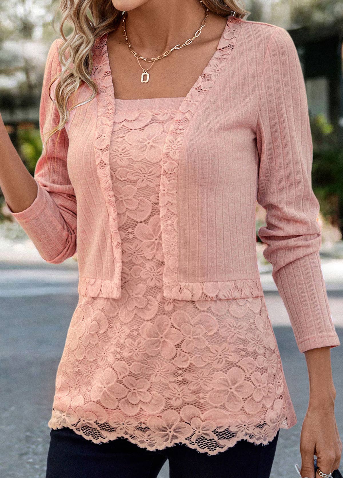 Dusty Pink Lace Long Sleeve Square Neck Blouse | picture 