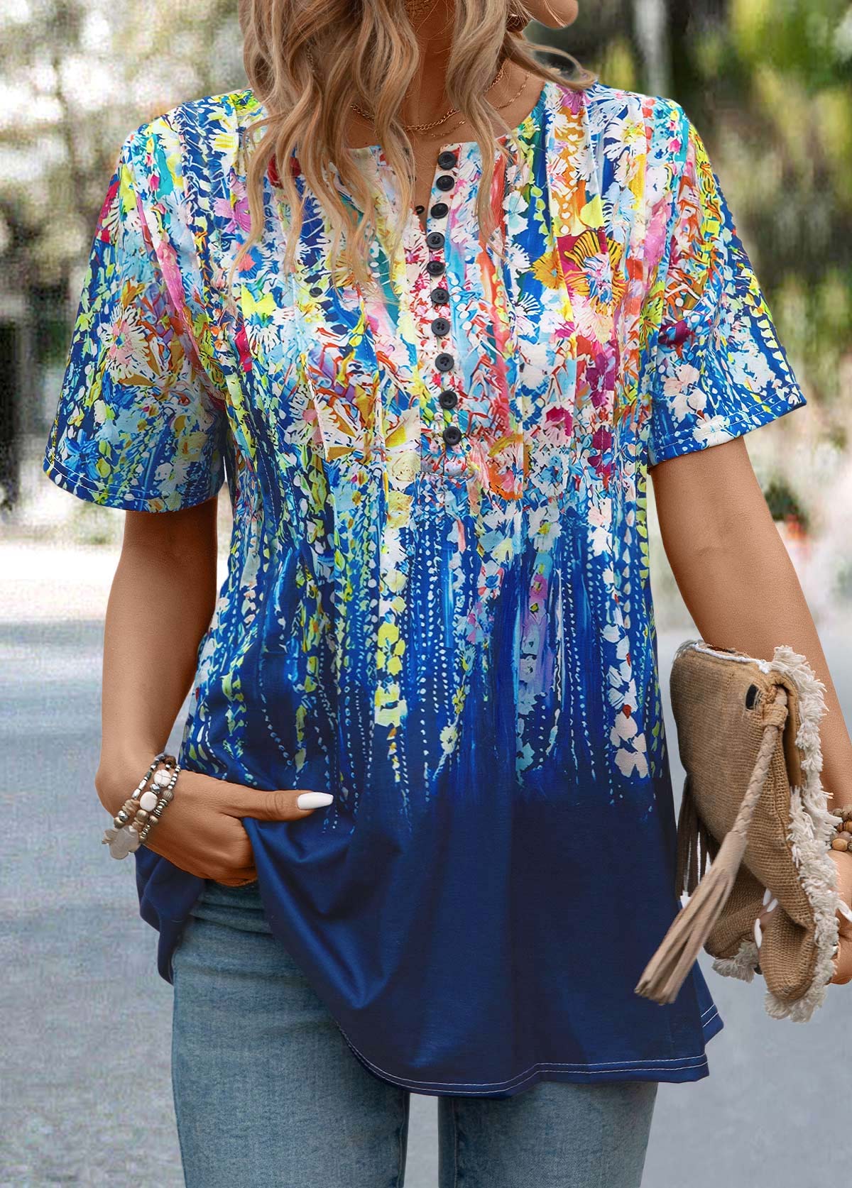 Dark Blue Button Graffiti Print Short Sleeve T Shirt | picture 5