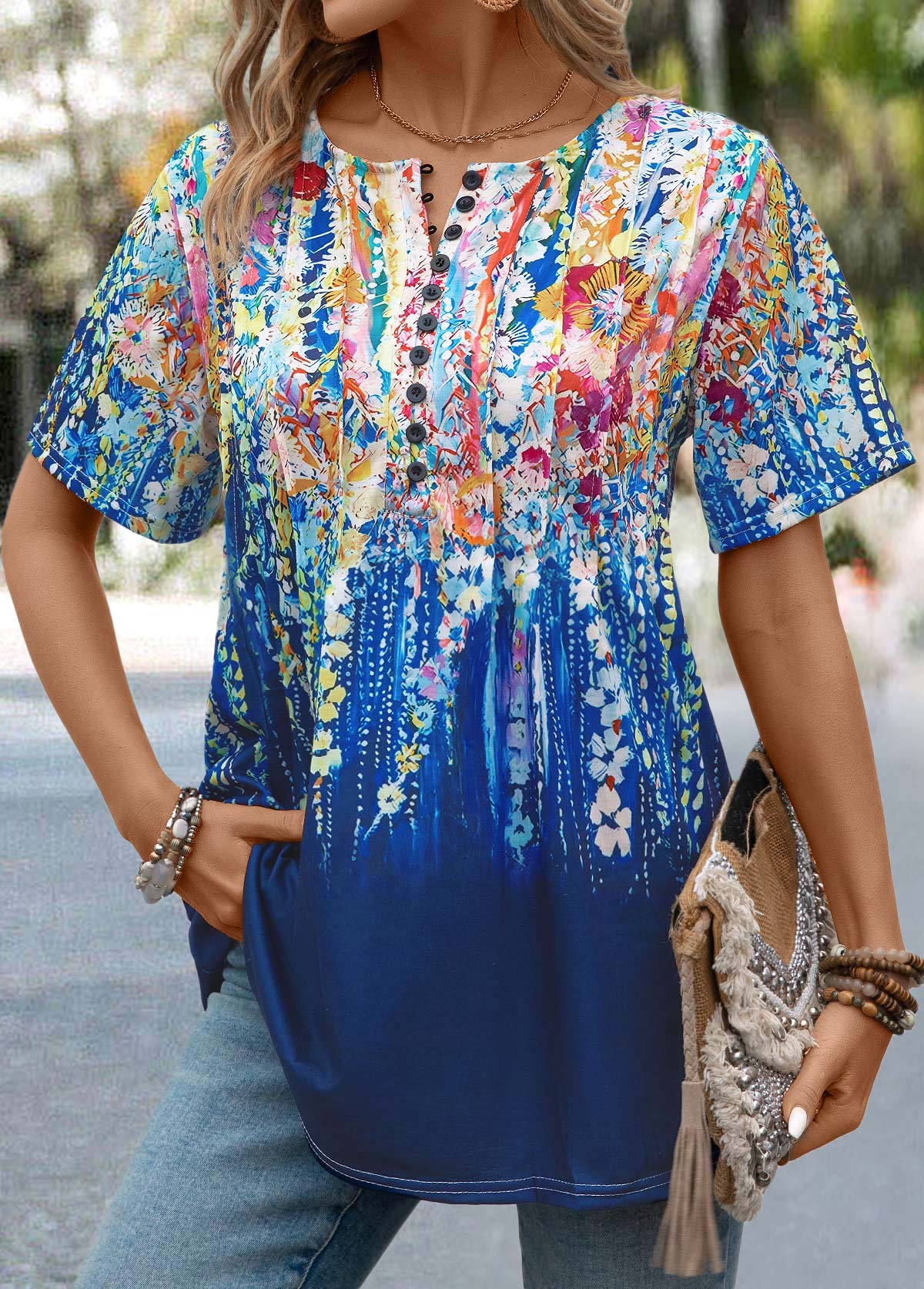 Dark Blue Button Graffiti Print Short Sleeve T Shirt | picture 3