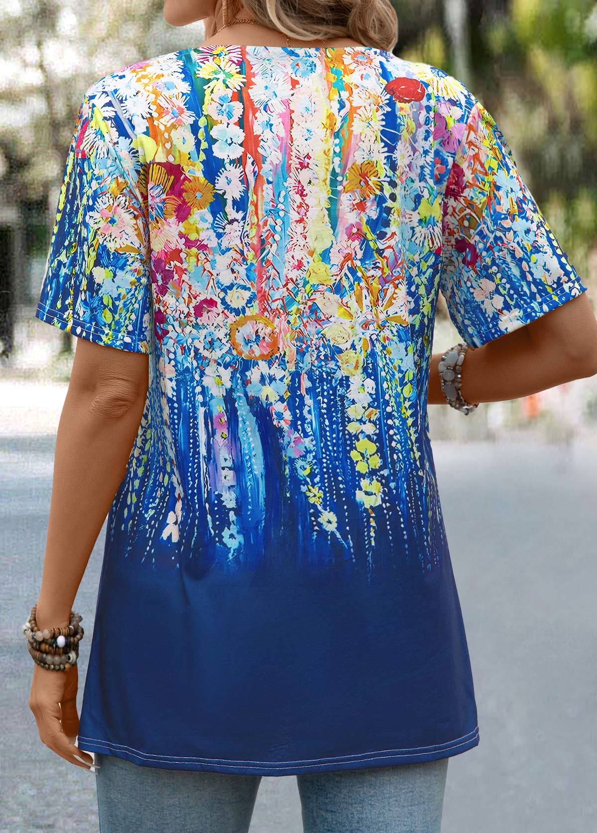 Dark Blue Button Graffiti Print Short Sleeve T Shirt | picture 2