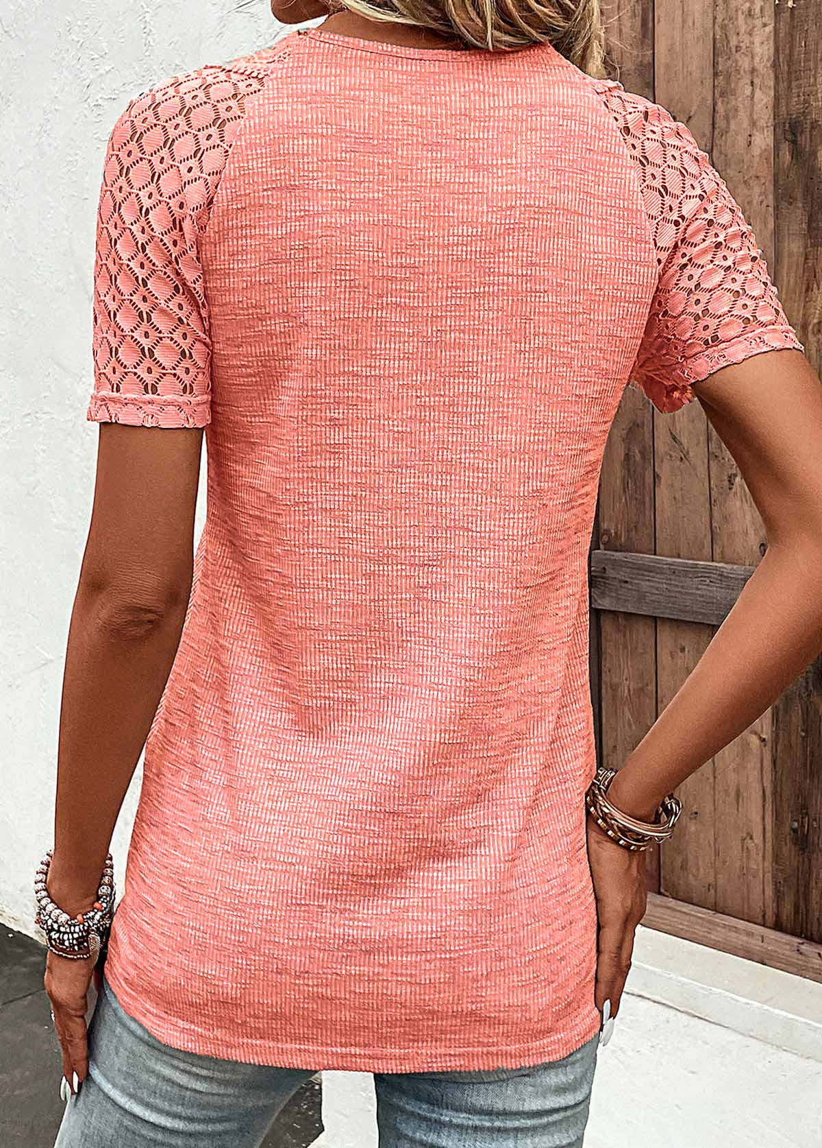 Orange Lace Short Sleeve V Neck T Shirt | picture 2