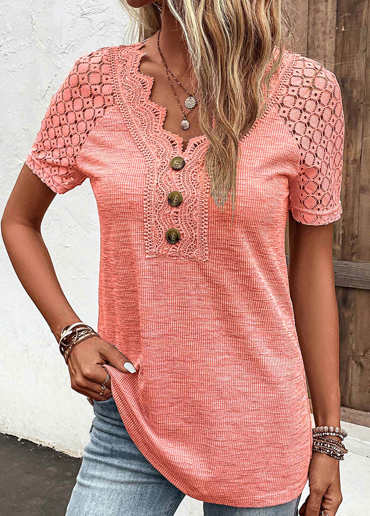 Orange Lace Short Sleeve V Neck T Shirt | picture 5