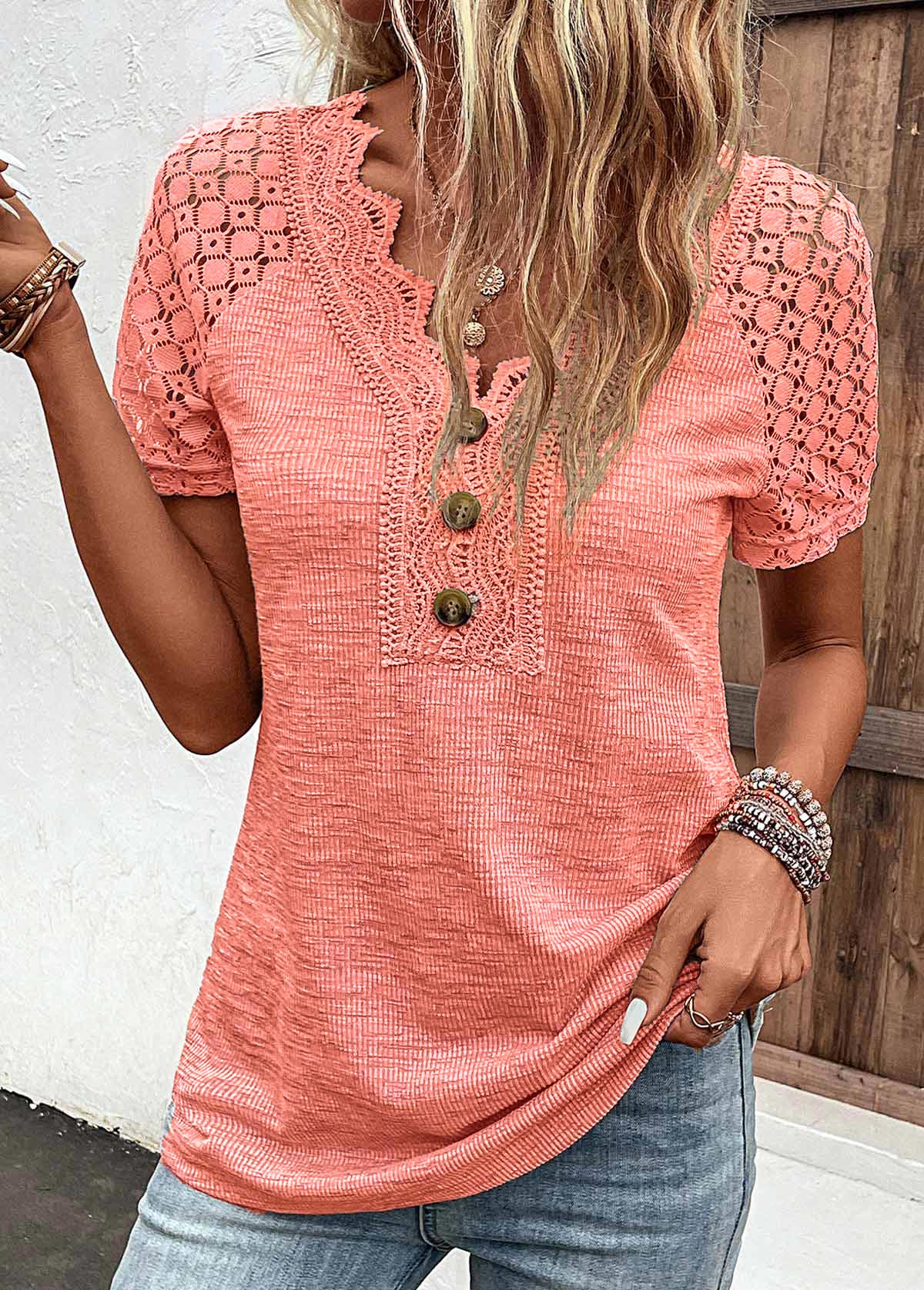 Orange Lace Short Sleeve V Neck T Shirt | picture 3