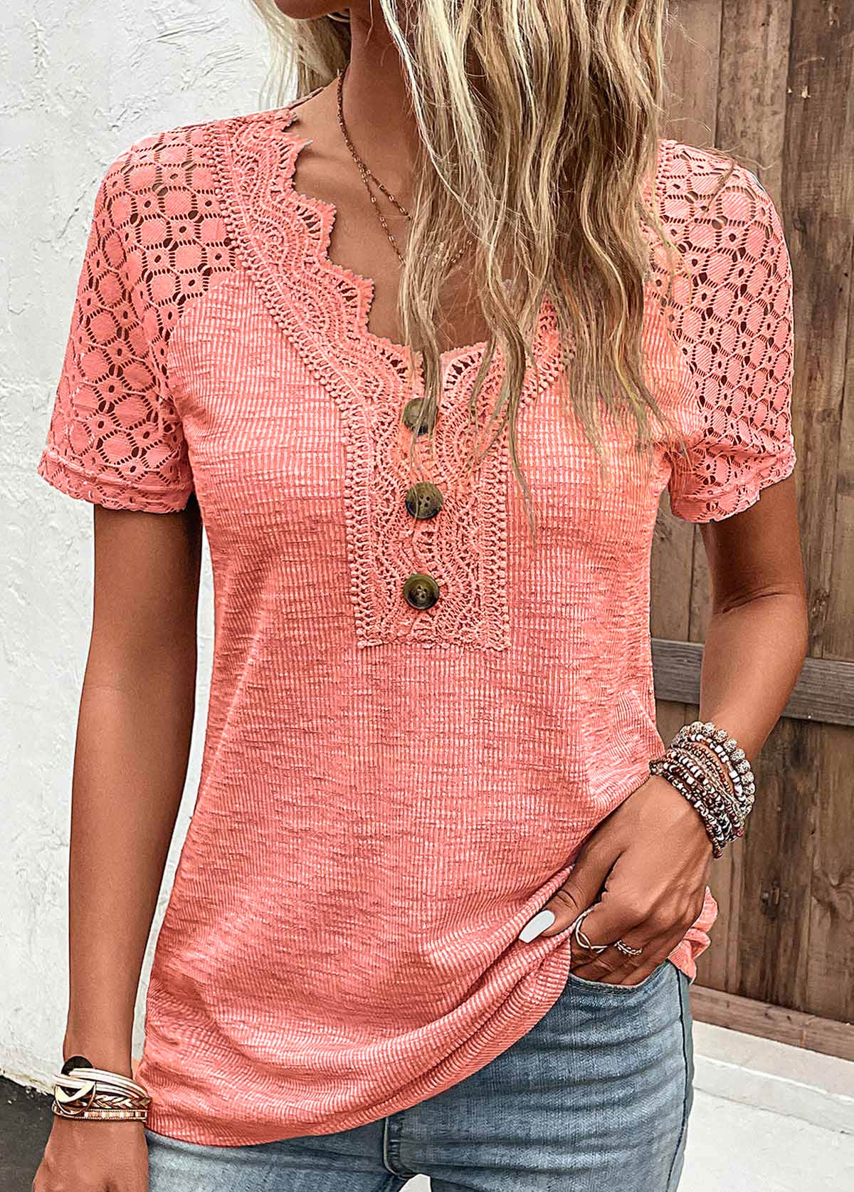 Orange Lace Short Sleeve V Neck T Shirt | picture 1