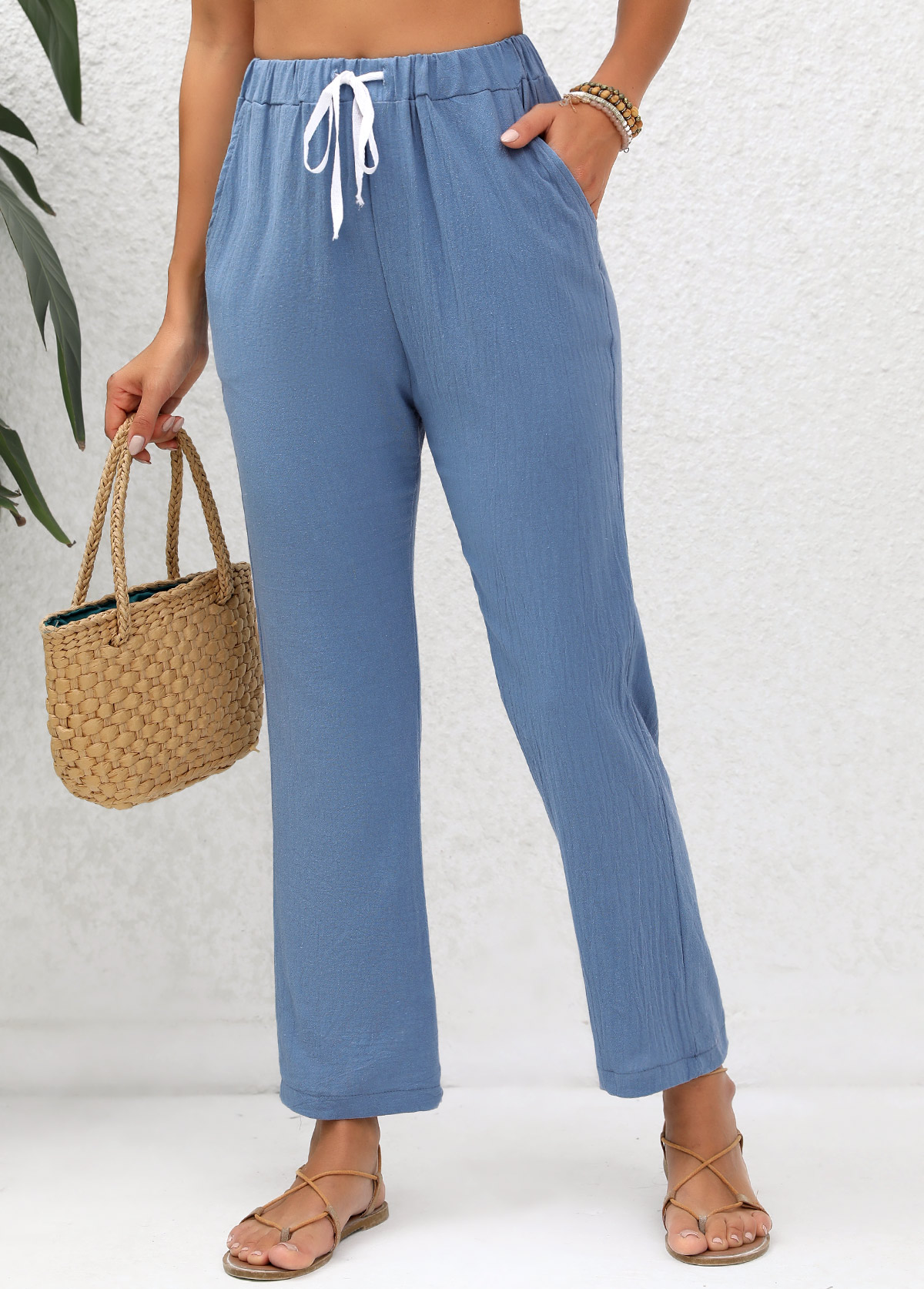 Denim Blue Double Side Pockets Elastic Waist Pants | picture 3