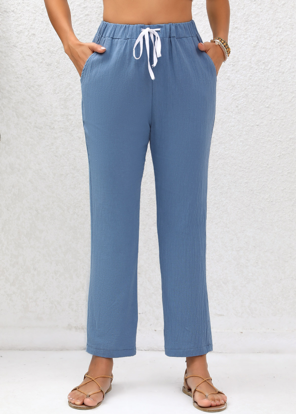 Denim Blue Double Side Pockets Elastic Waist Pants | picture 5