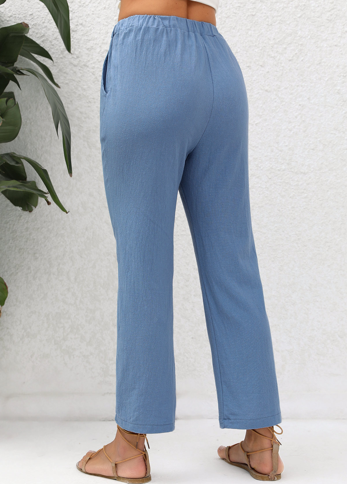 Denim Blue Double Side Pockets Elastic Waist Pants | picture 2