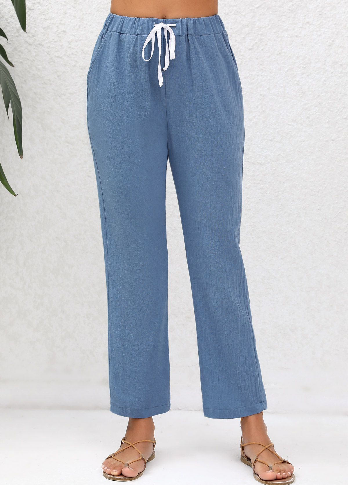 Denim Blue Double Side Pockets Elastic Waist Pants | picture 4