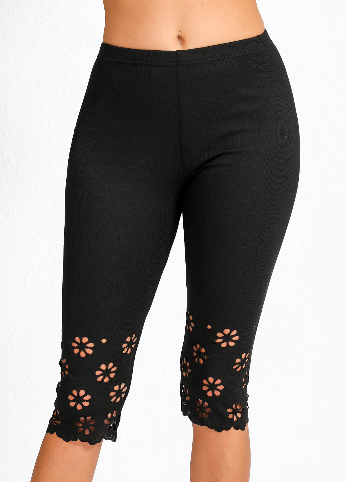 Black Mid Waisted Capri Elastic Waist Leggings | picture 