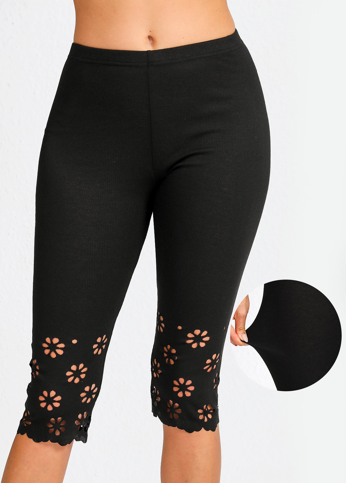 Black Mid Waisted Capri Elastic Waist Leggings | picture 