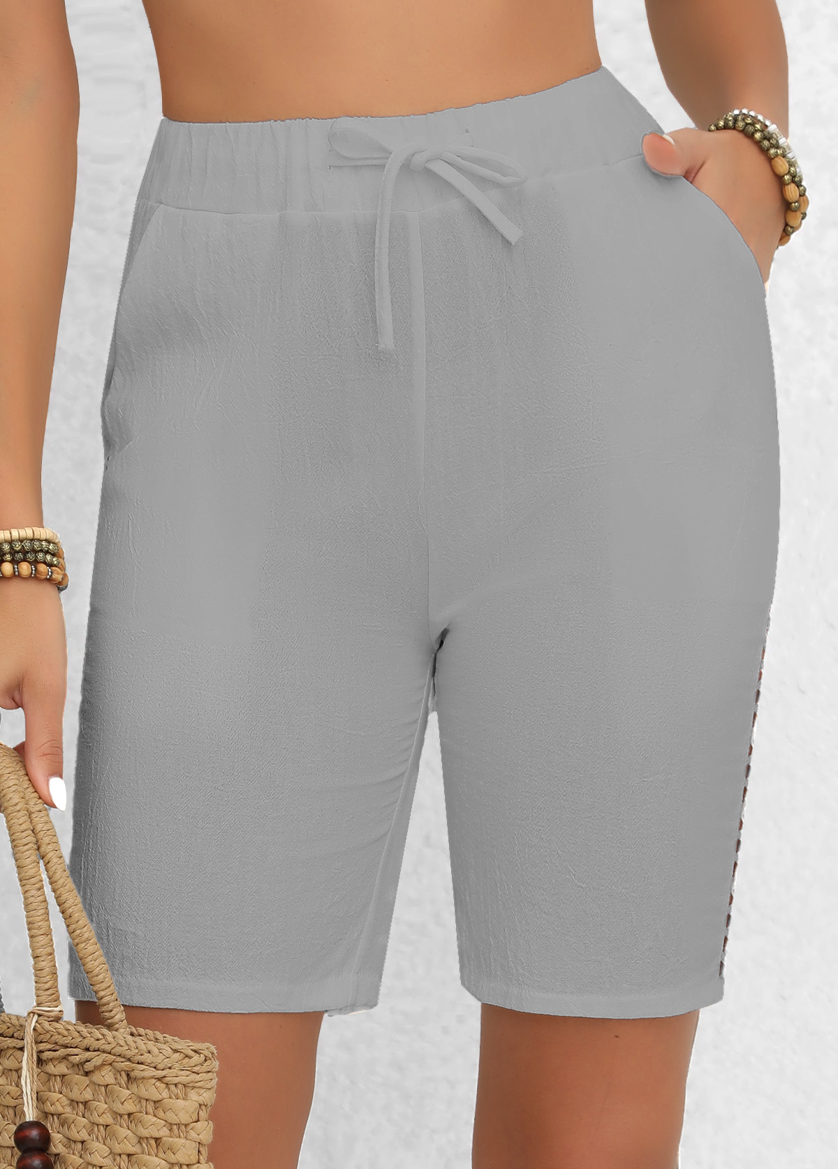 Light Grey Patchwork Regular Elastic Waist High Waisted Shorts | picture 