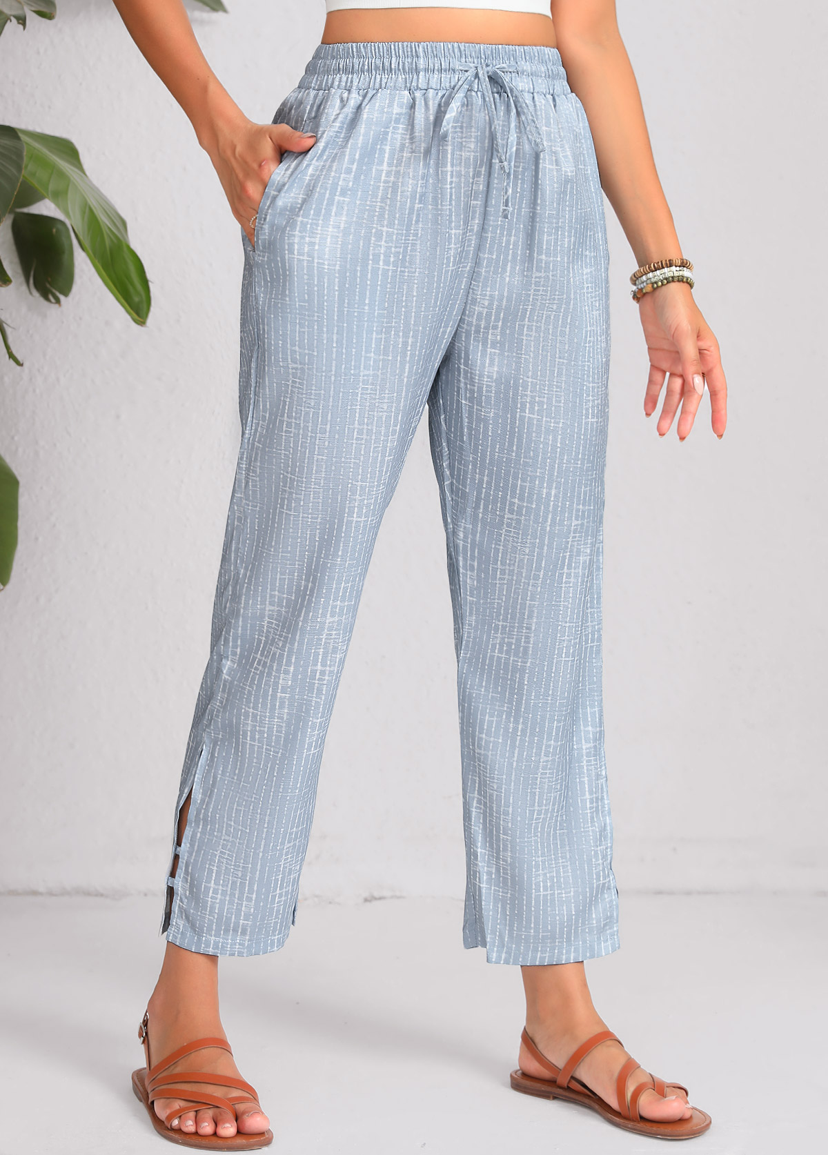 Dusty Blue Double Side Pockets Geometric Print Pants | picture 