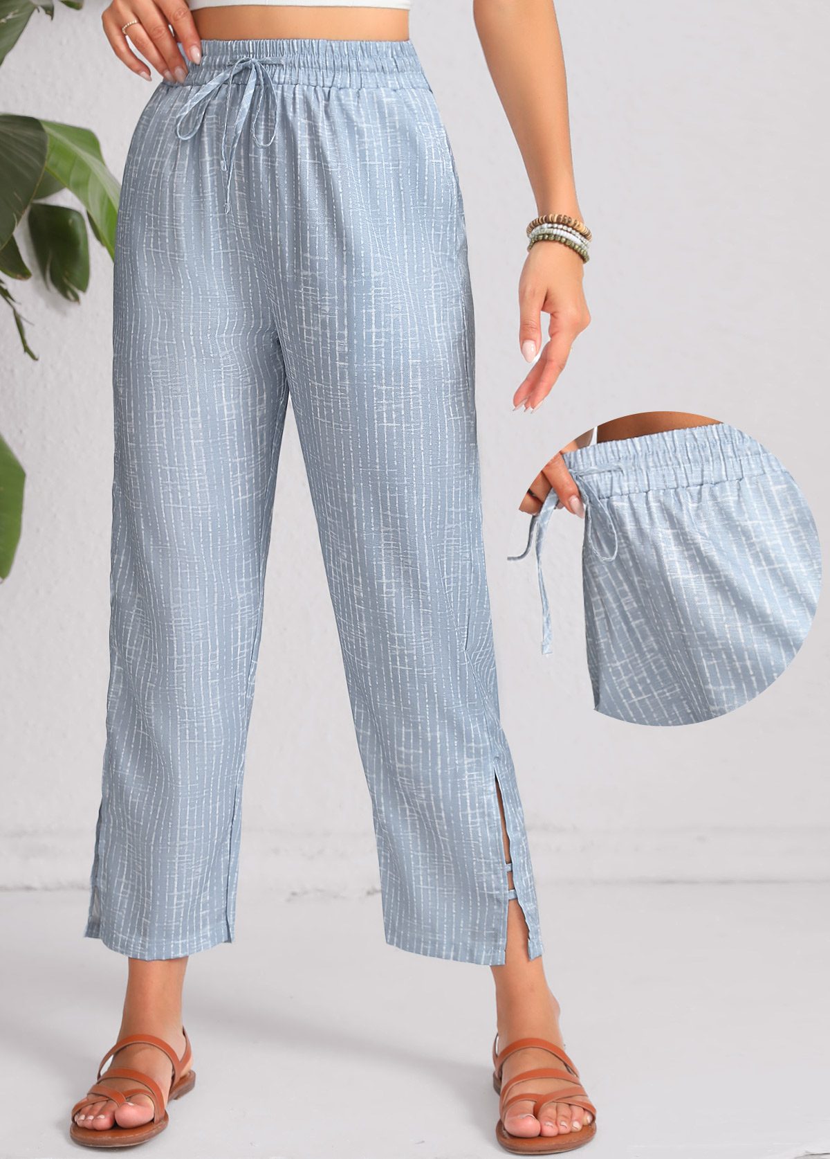 Dusty Blue Double Side Pockets Geometric Print Pants | picture 