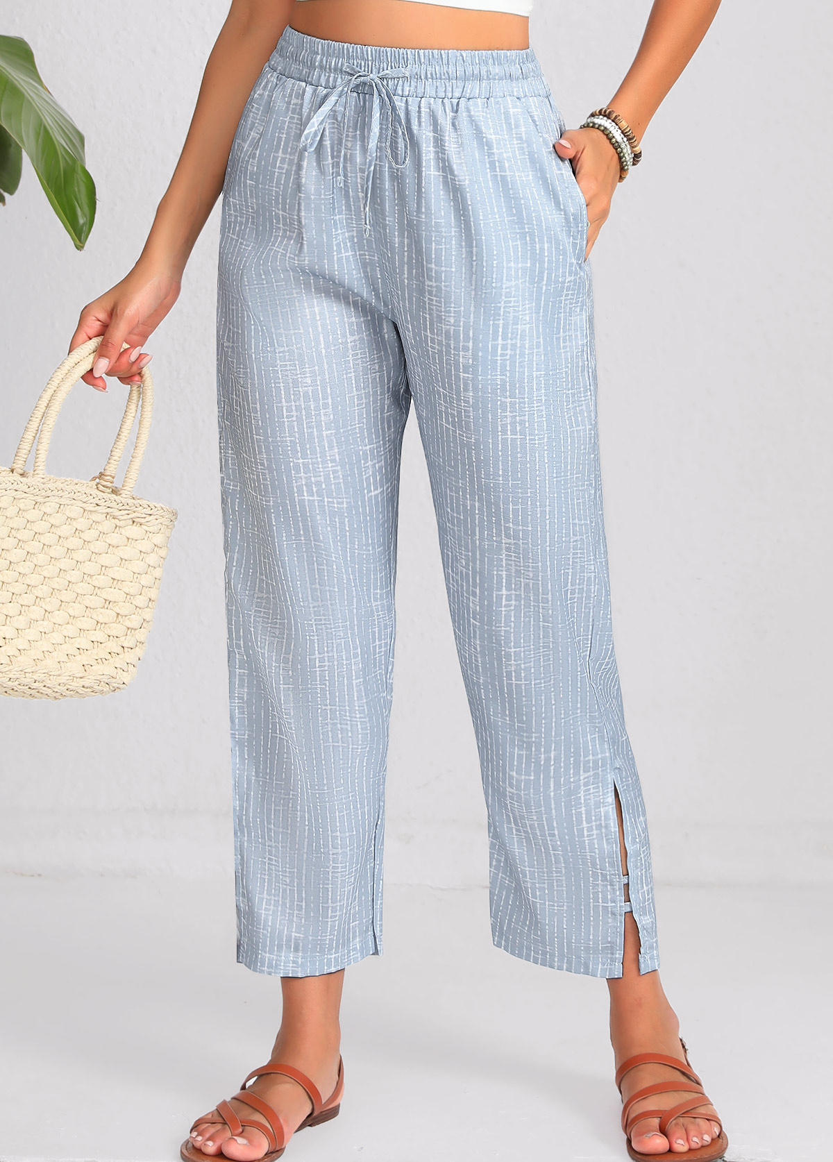 Dusty Blue Double Side Pockets Geometric Print Pants | picture 