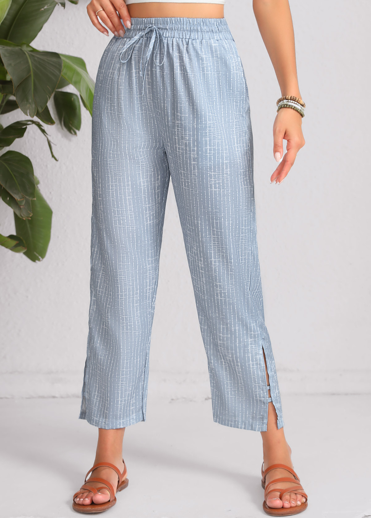 Dusty Blue Double Side Pockets Geometric Print Pants | picture 