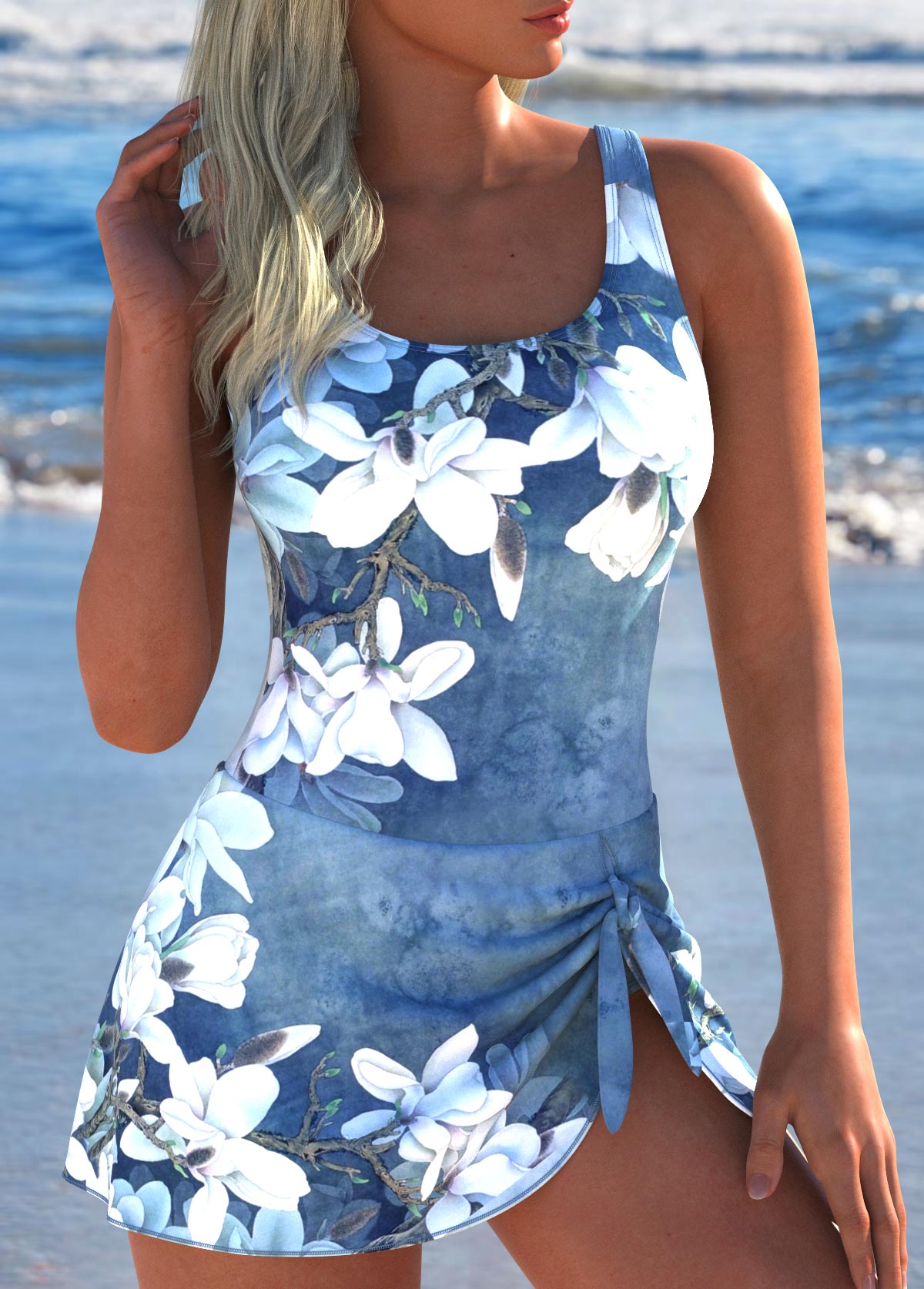 Tie Floral Print Denim Blue One Piece Swimdress | picture 